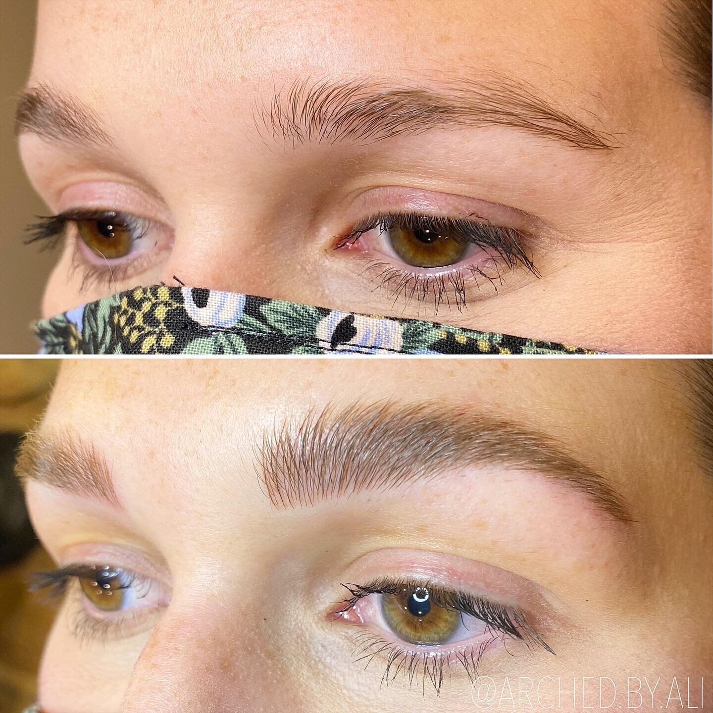 Female enhanced eyebrows that look naturally fluffy, through nicroblading services at ARCHED Coastal in Gulf Shores, Alabama.