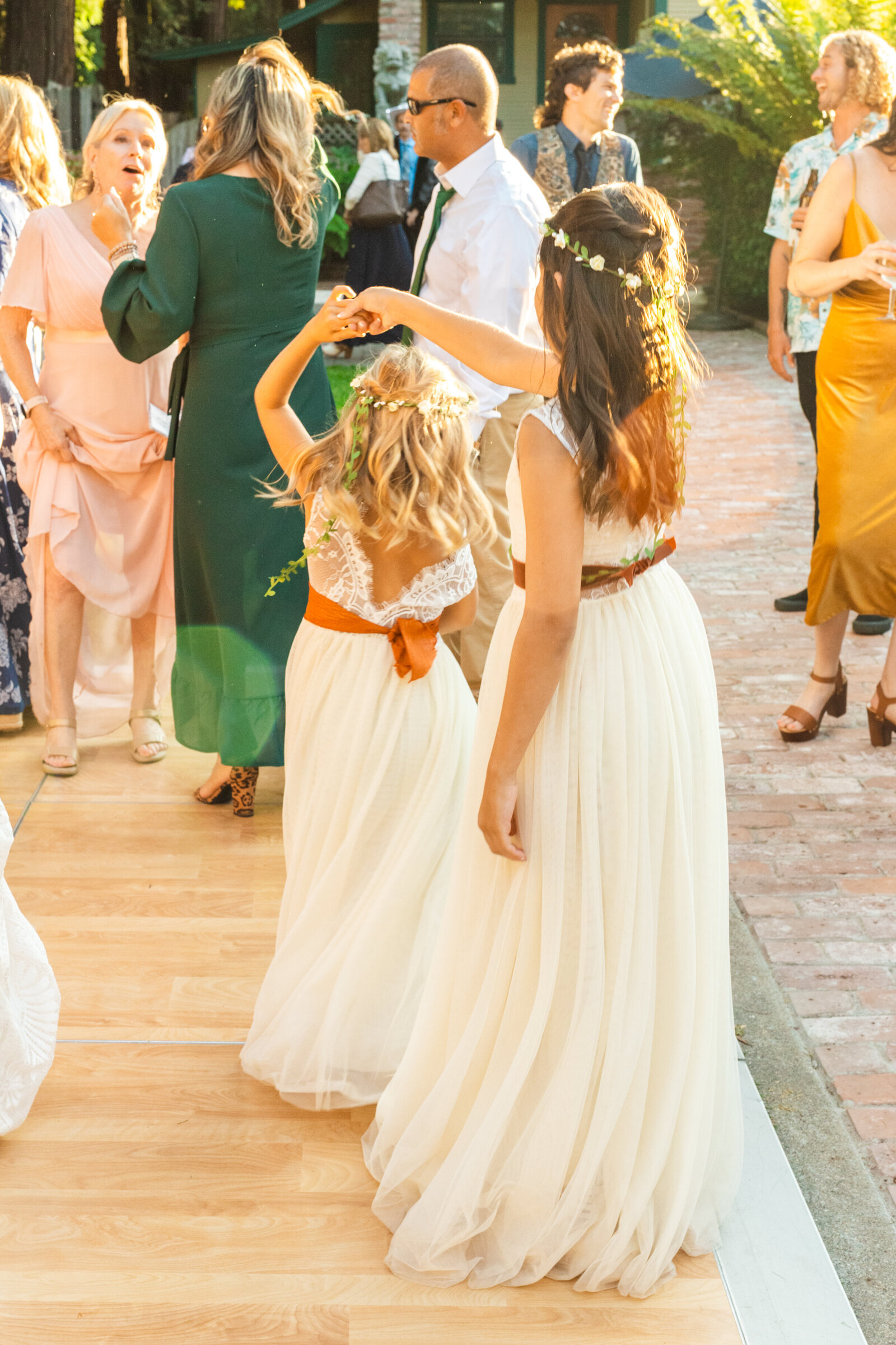 Colorful wedding reception in Santa Cruz, California in the redwood trees.