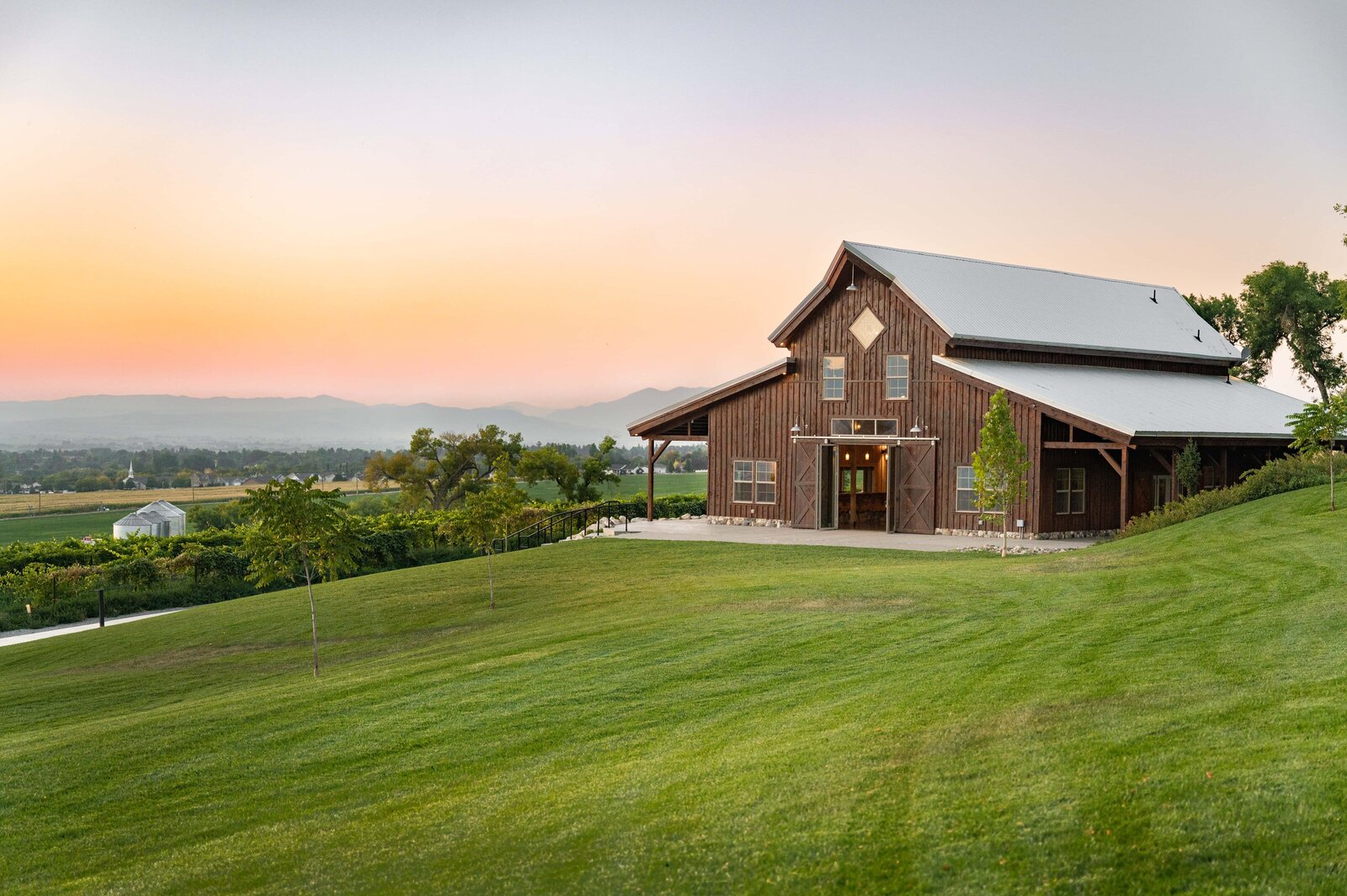 Walker Farms barn at sunset in the summer