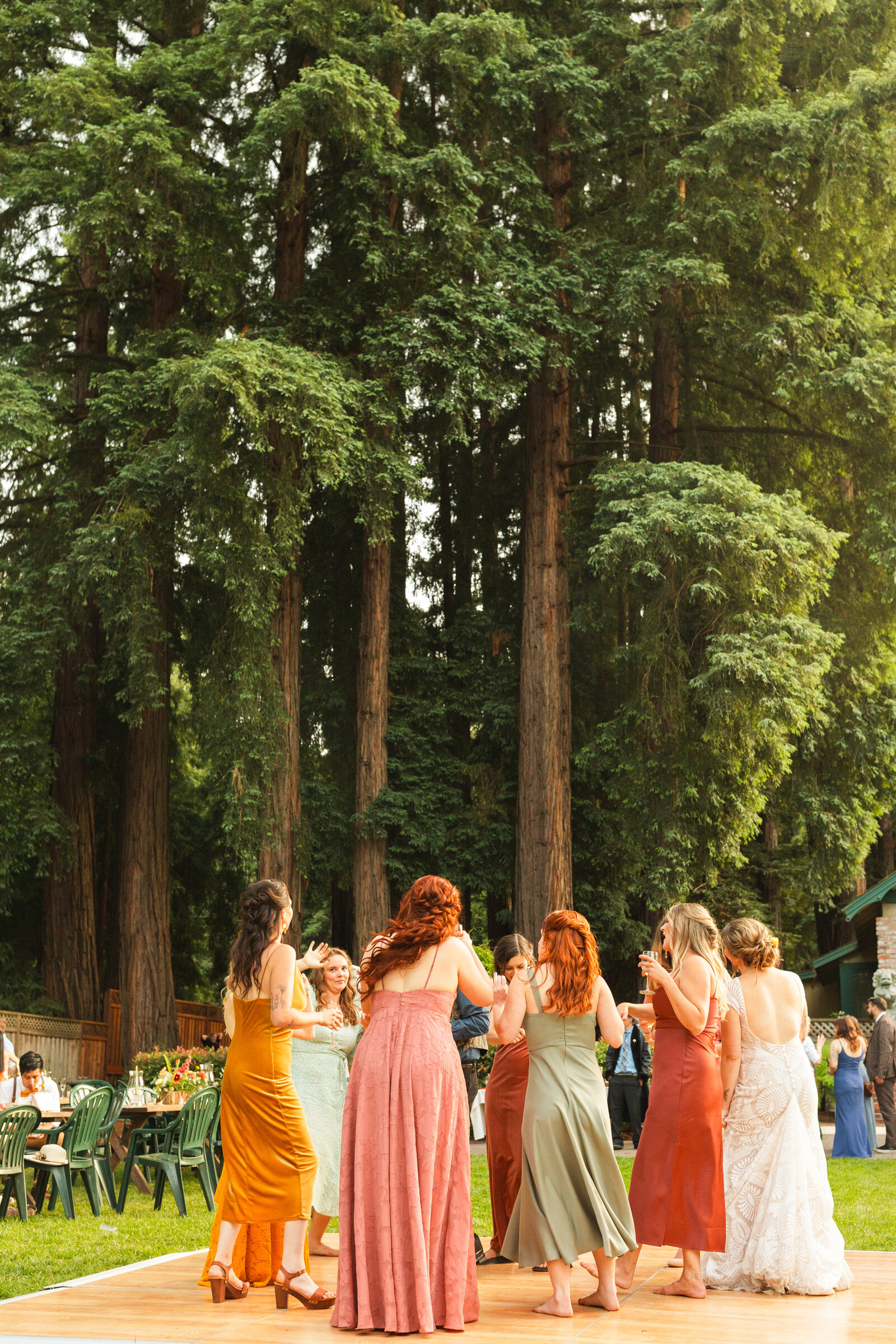 Colorful wedding reception in Santa Cruz, California in the redwood trees.