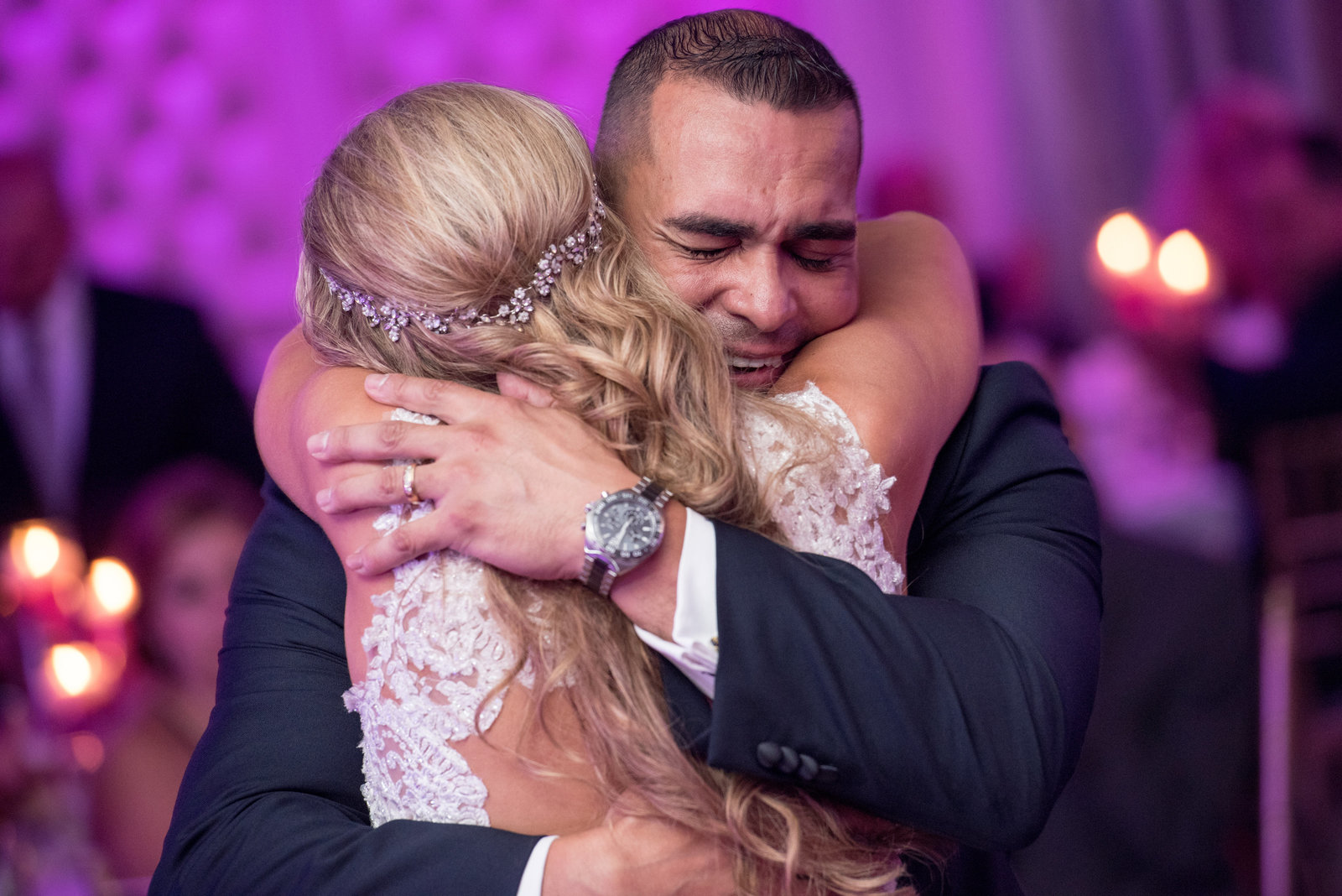 Father hugging his bride at Chateau Briand