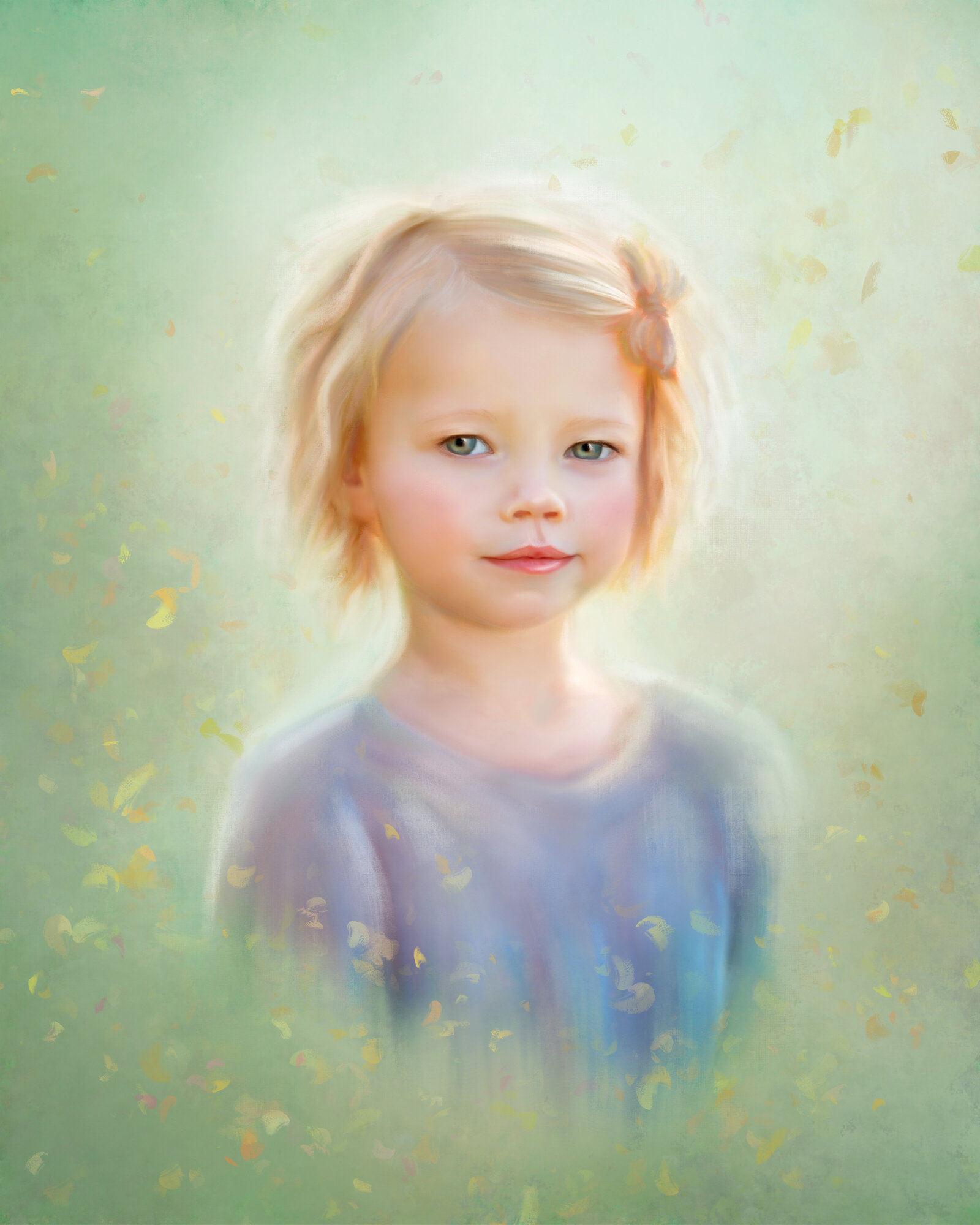 flying leaves, blond girl, painted portrait