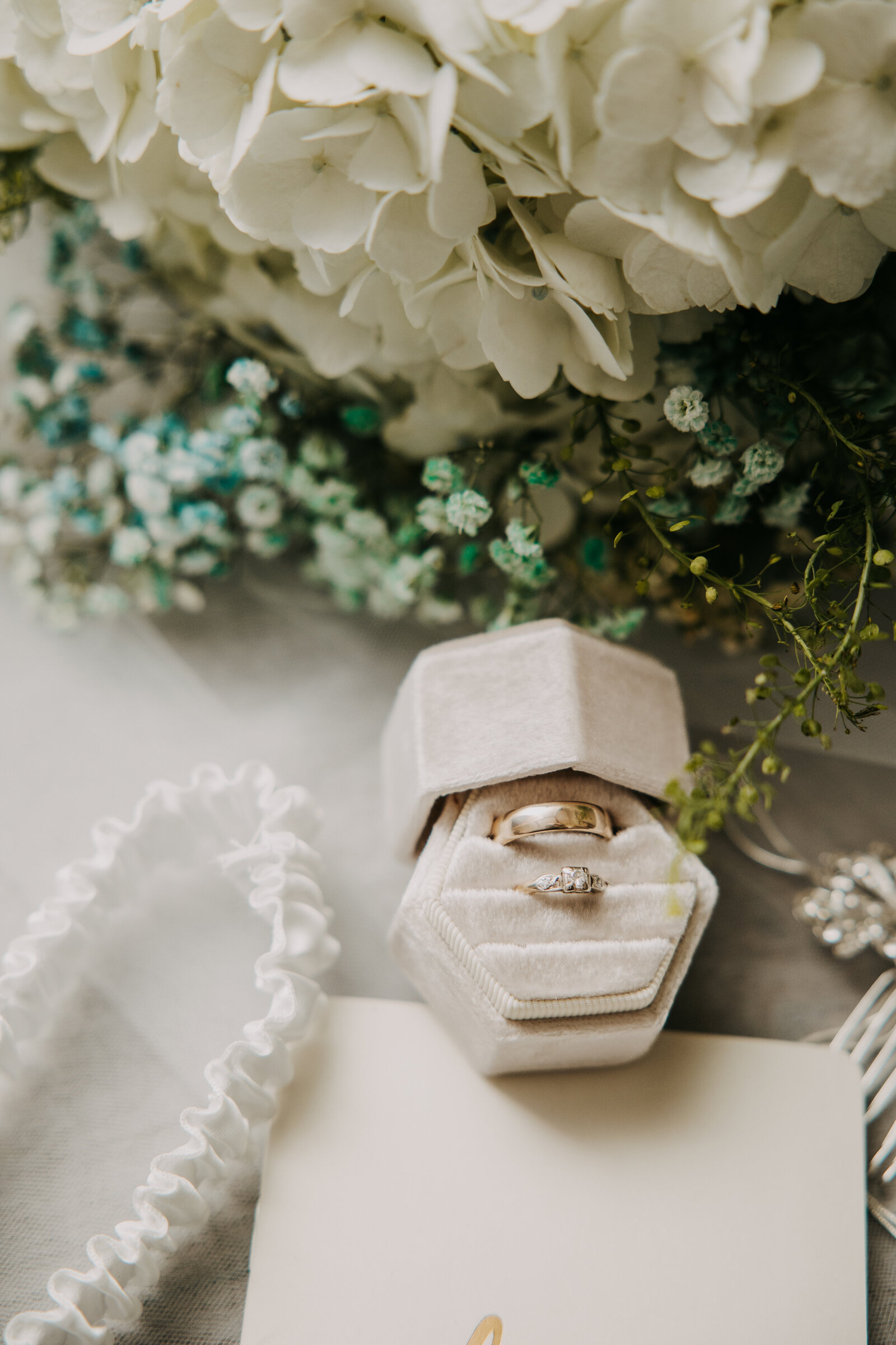 Bright-colored flat lay featuring rings in a white velvet ring box, with a garter and bouquet visible, laid on a sheer veil.