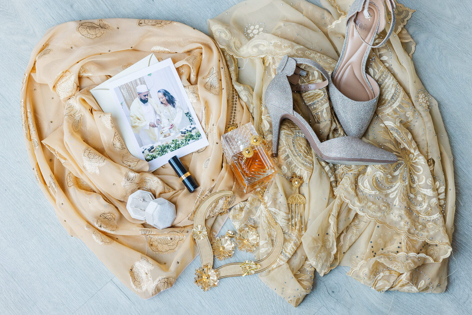 Bride-dress-shoes-perfume-rings