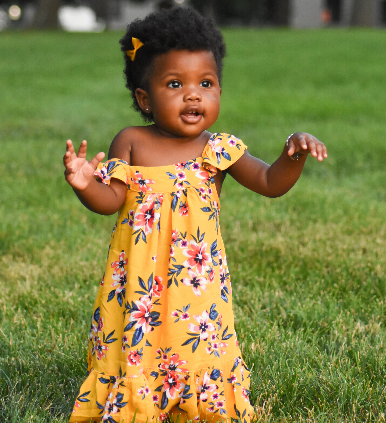 toddler girl in a yellow flower dress standing outside photographed by Millz Photography in Greenville, SC