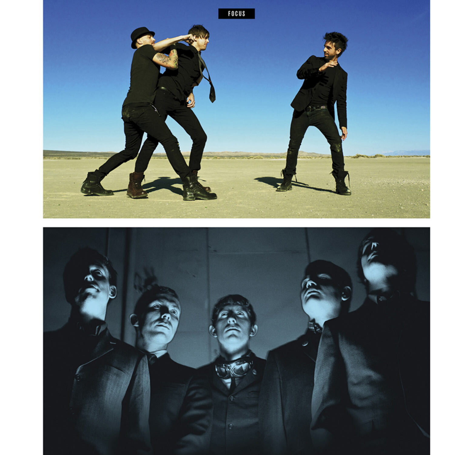 Magazine article featuring Los Angeles Photographer Mark Maryanovich two photos one band portrait three members interacting in desert second photo of five member band in V formation black and white toned blue Publication ION page 6