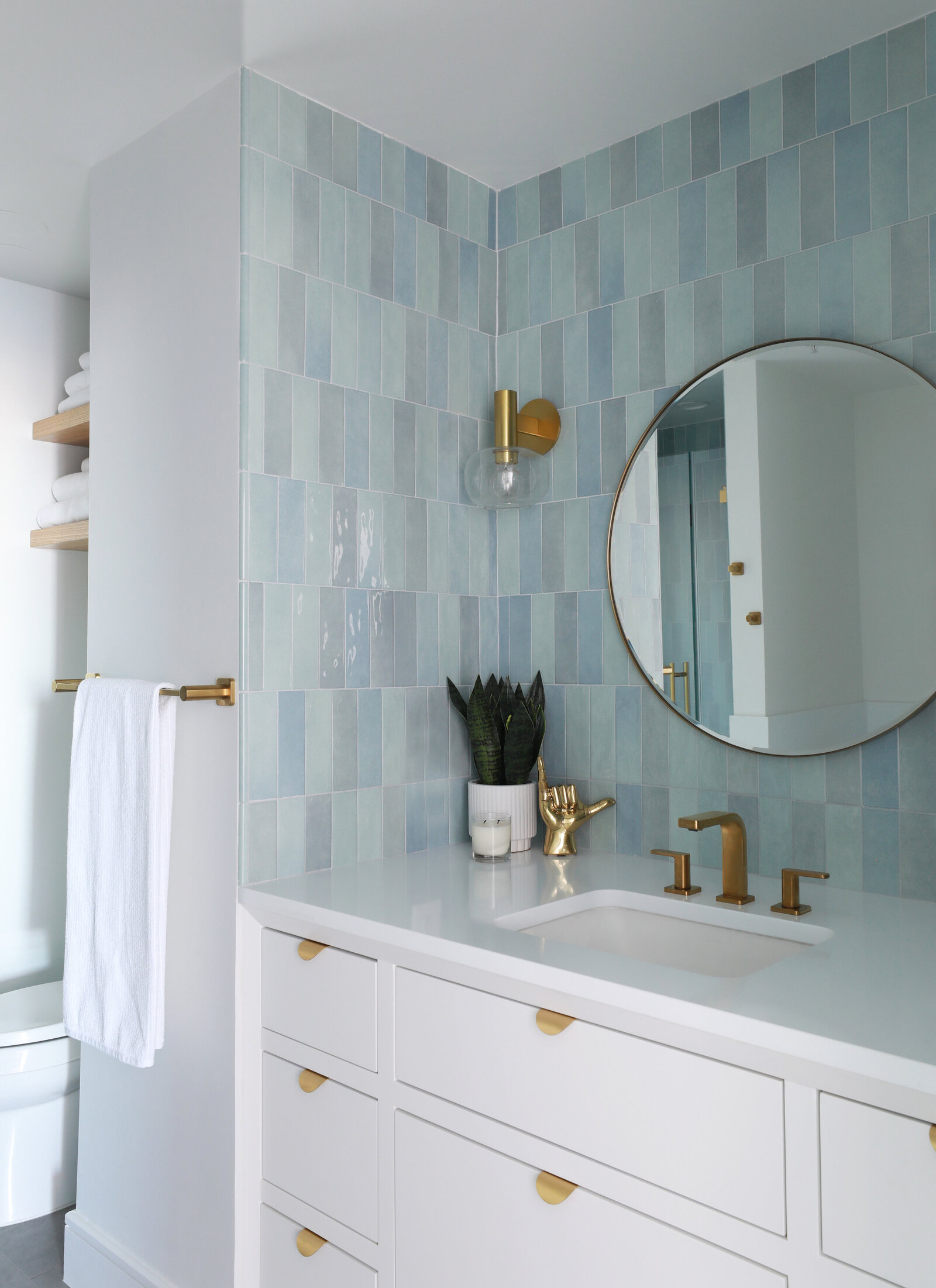 FUN KIDS BATHROOM WITH SHOWER  AND TUB BLUE STACKED TILE ROUND MIRROR CUSTOM VANITY