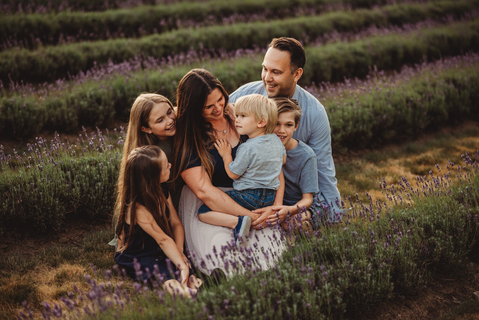 Family of five in a lavender field