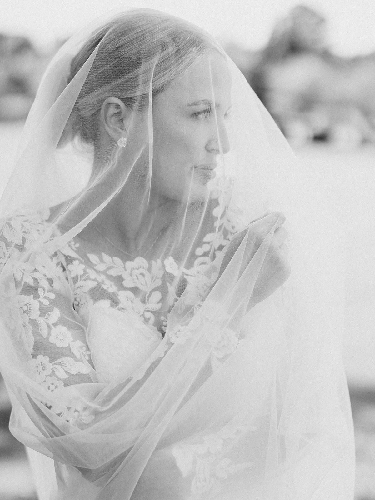 bride looks to the right underneath her veil