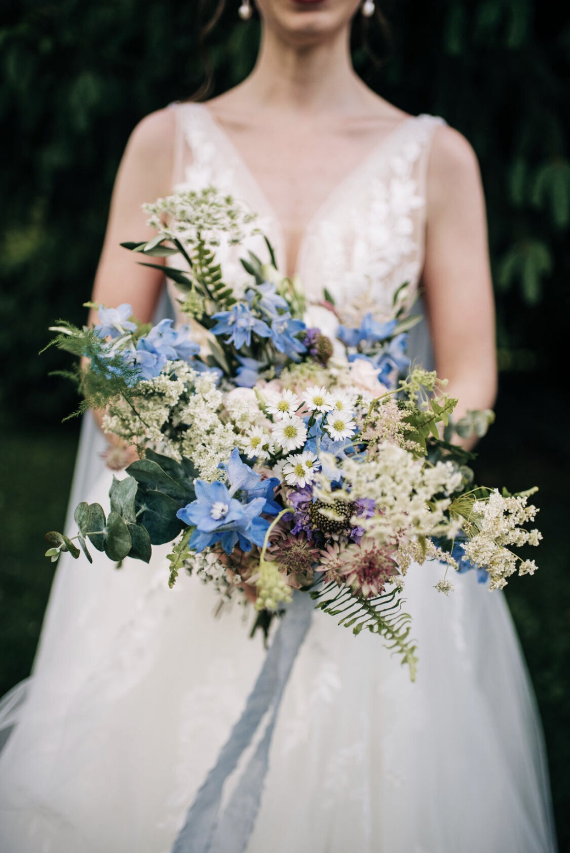 Textured blue and white bridal bouquet by Boston florist Prose Florals
