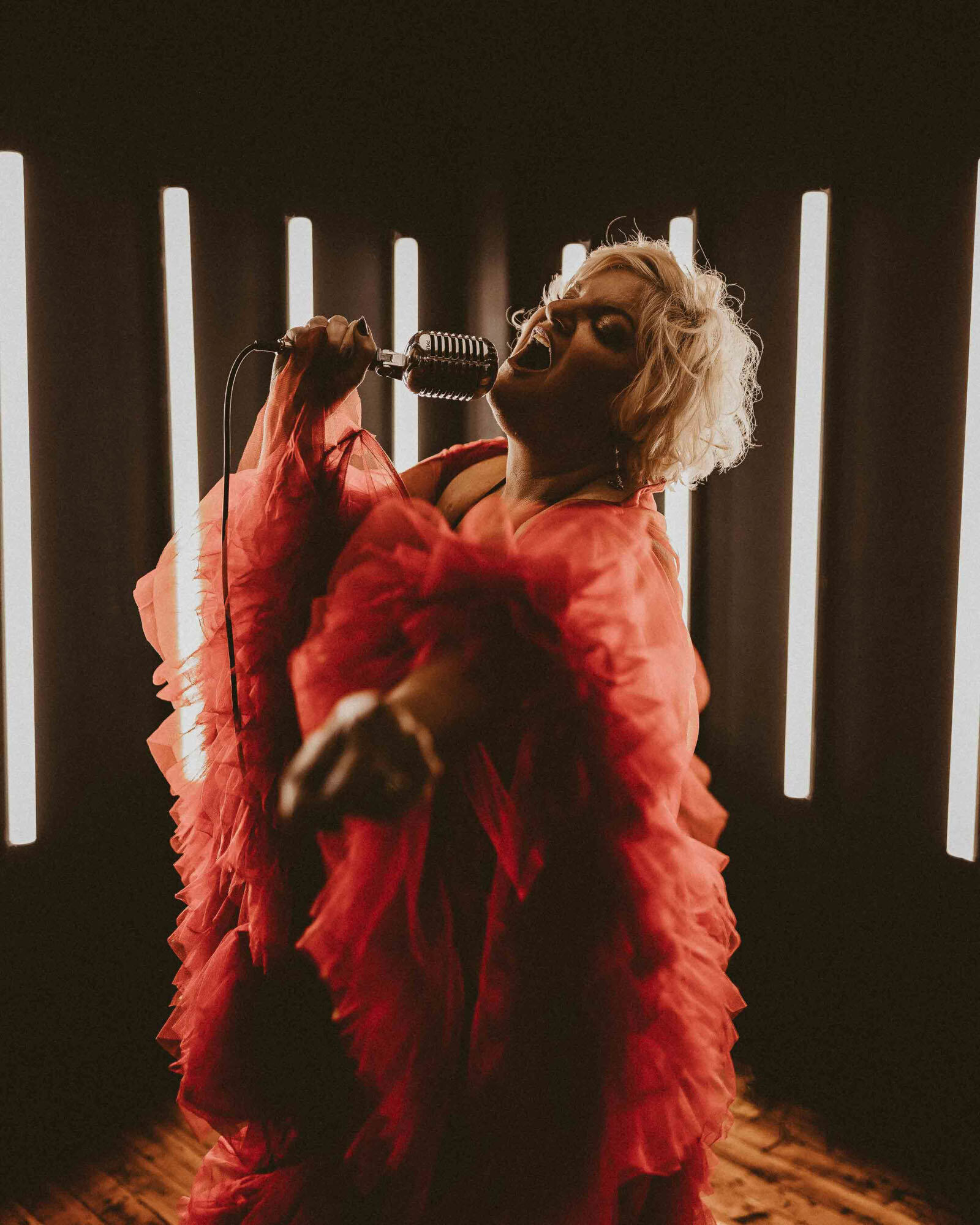 woman wearing a unique outfit for singing 