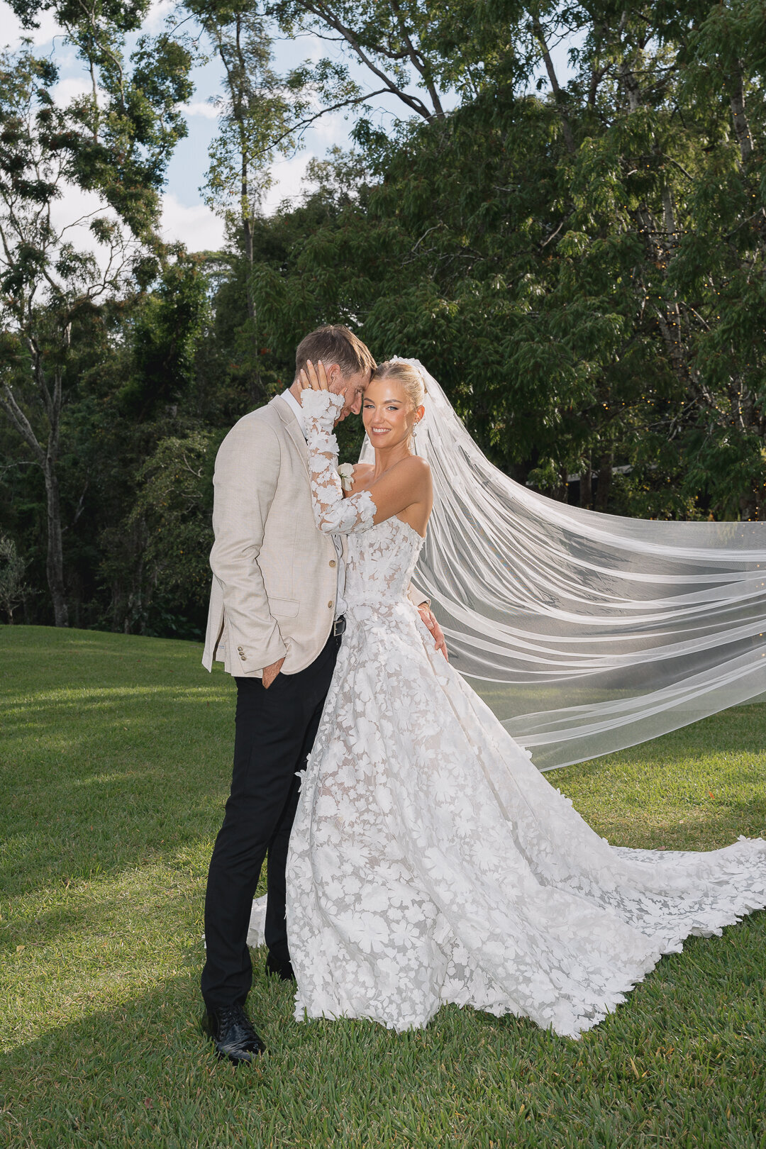 Bride and Groom Outdoor Portrait with Veil at Kwila Lodge