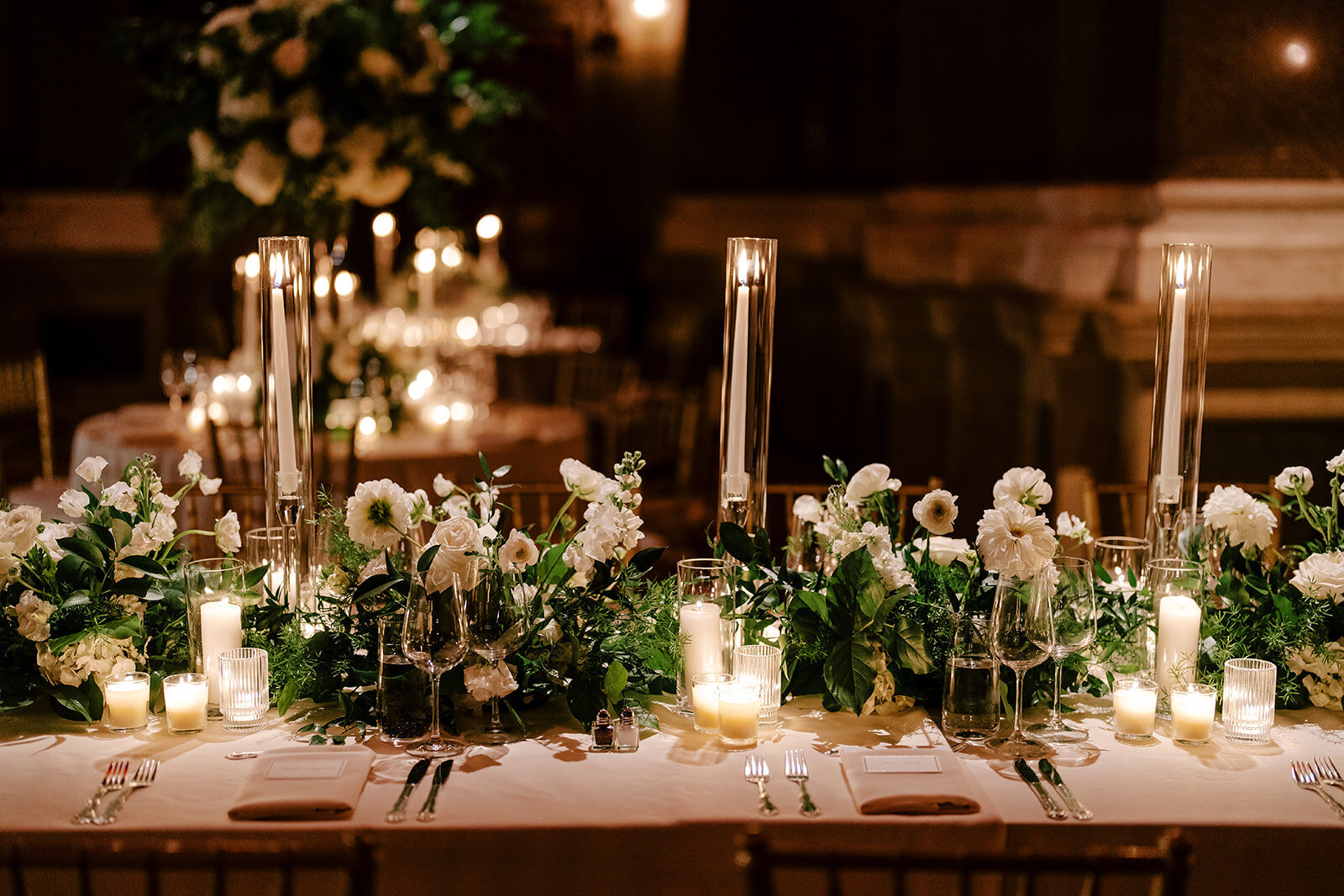 Black tie wedding in brooklyn table design white roses and candles 
