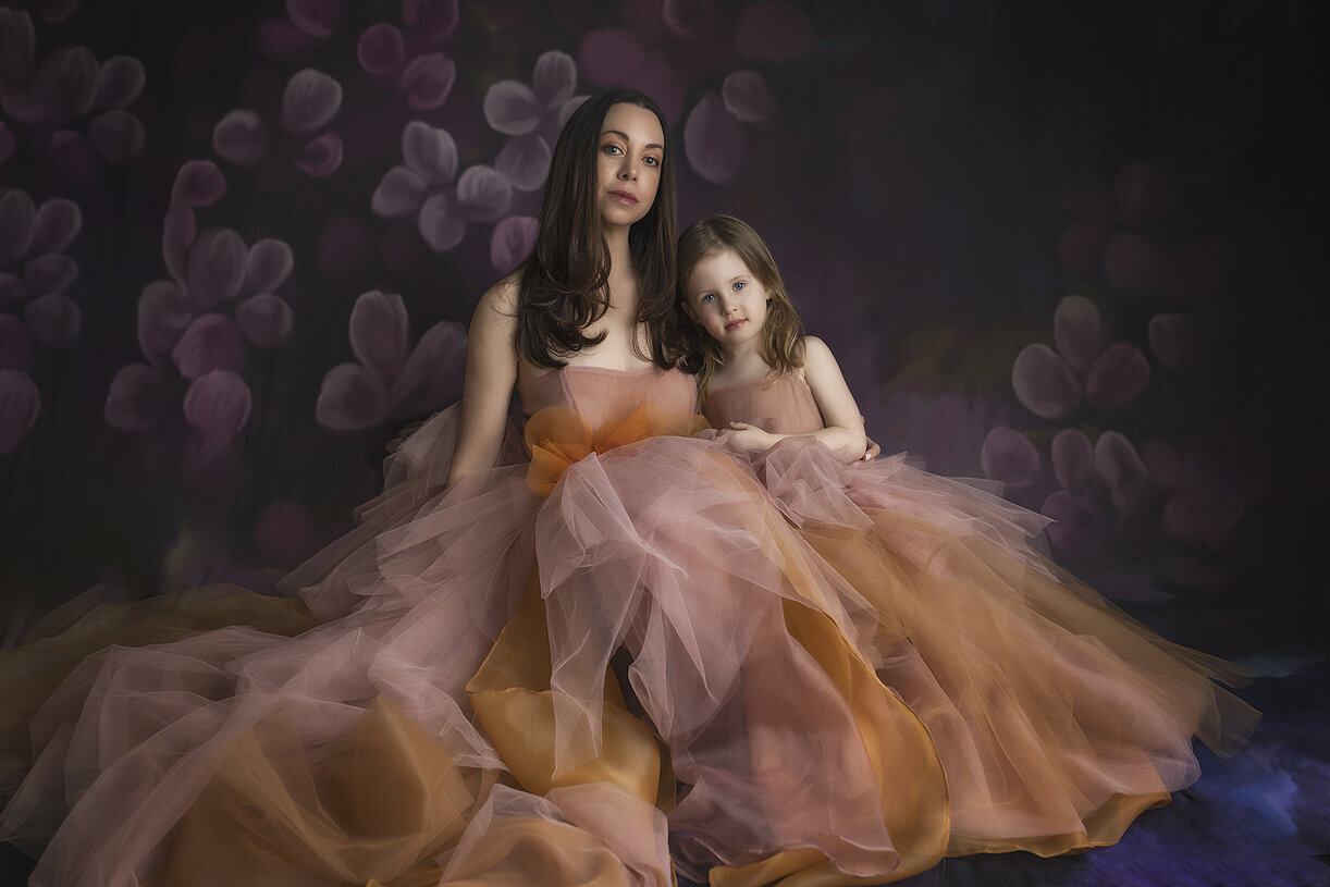 Mother and daughter wearing Before and Ever gowns at Fine Art Photoshoot.