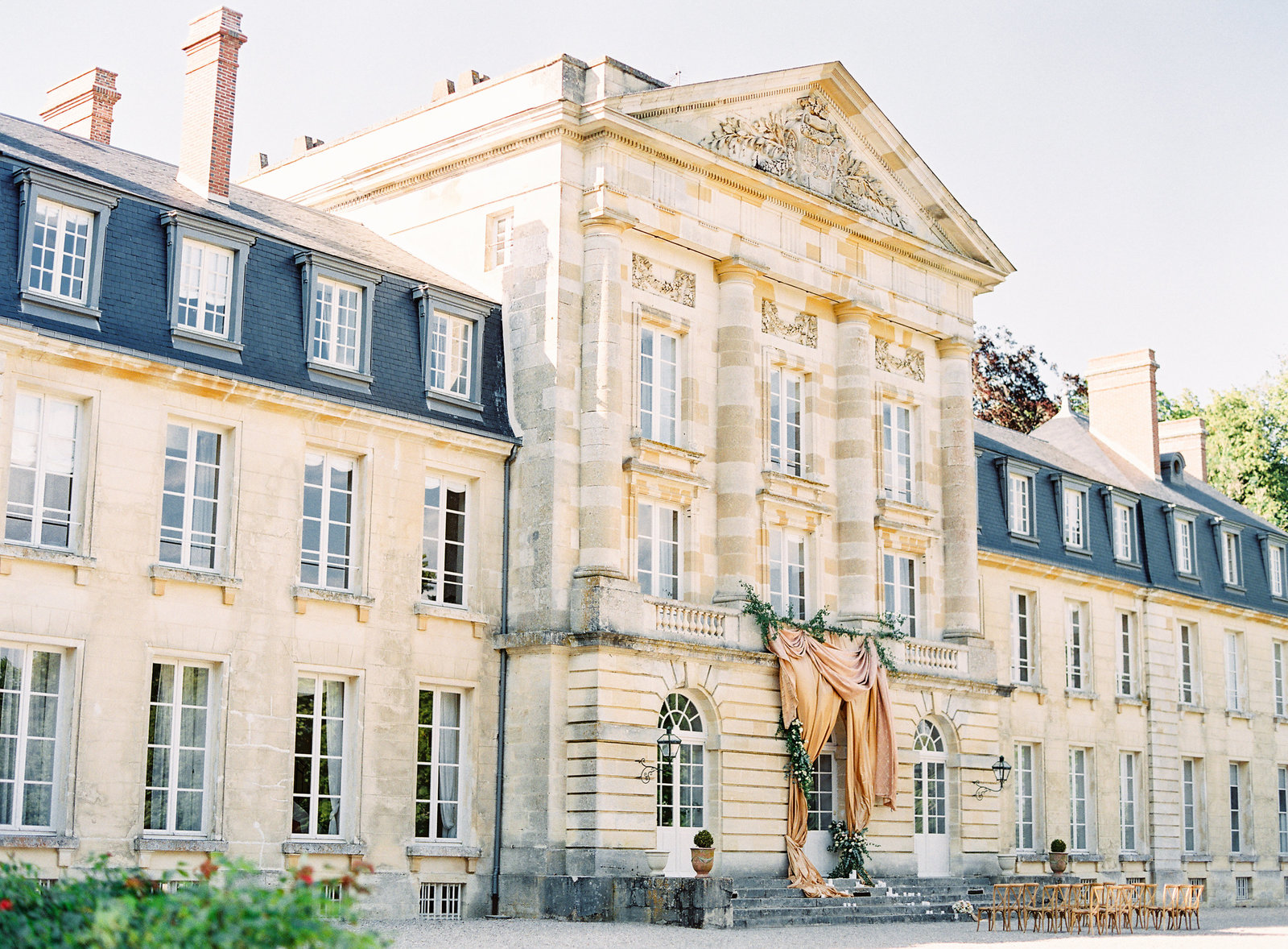 French Chateaux decorated for wedding ceremony. Photographed by Amy Mulder Photography