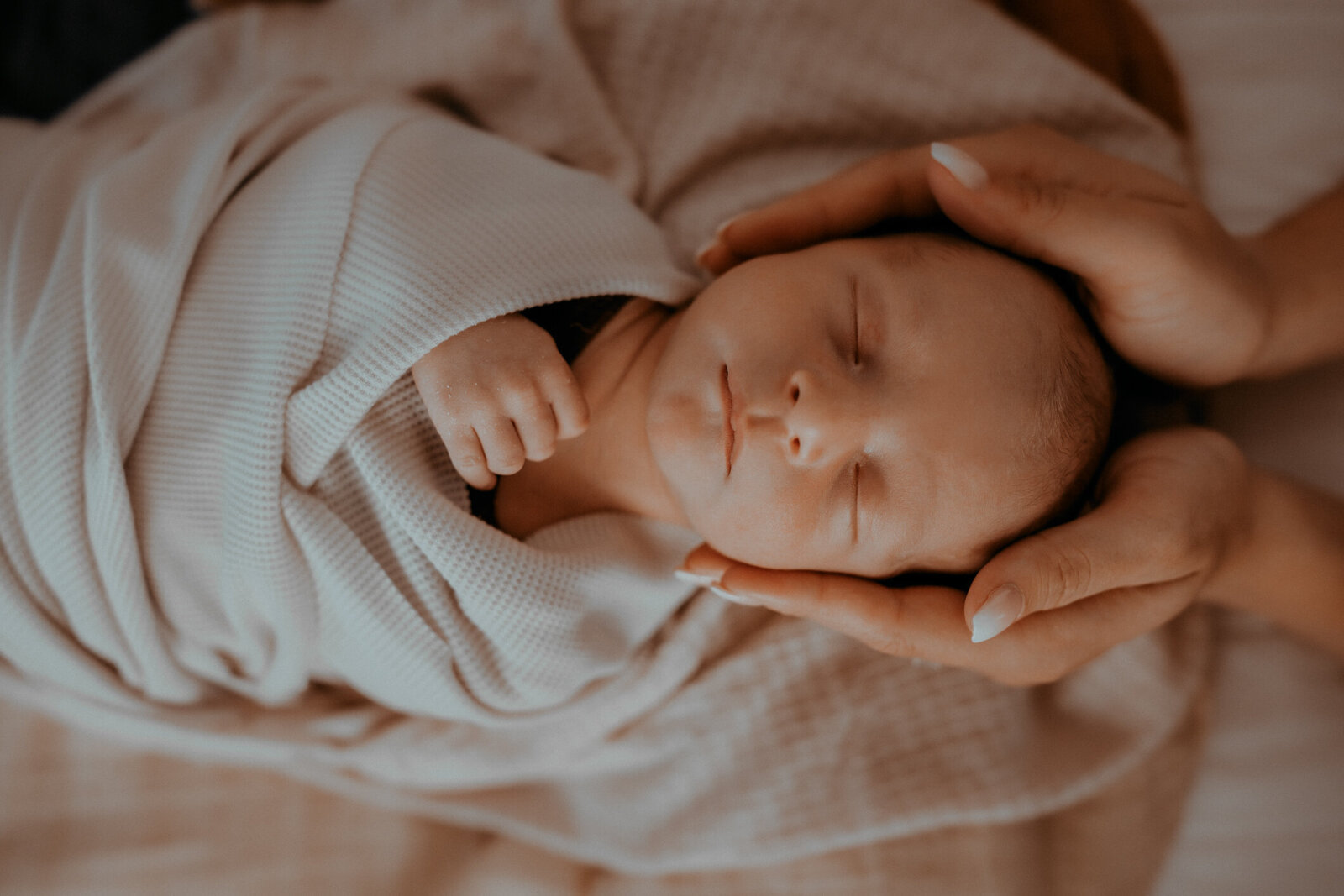 mother's hands hold sleep[ing baby's head during newborn photography session