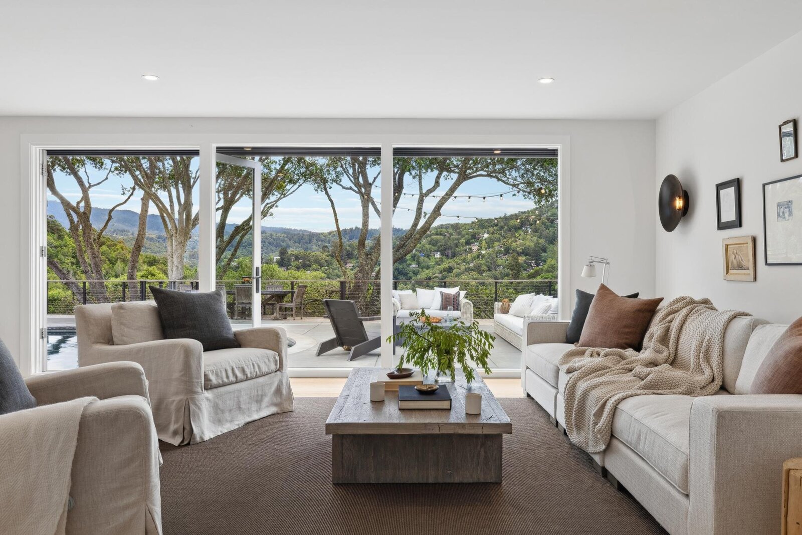 Fairfax living room with views of the hills