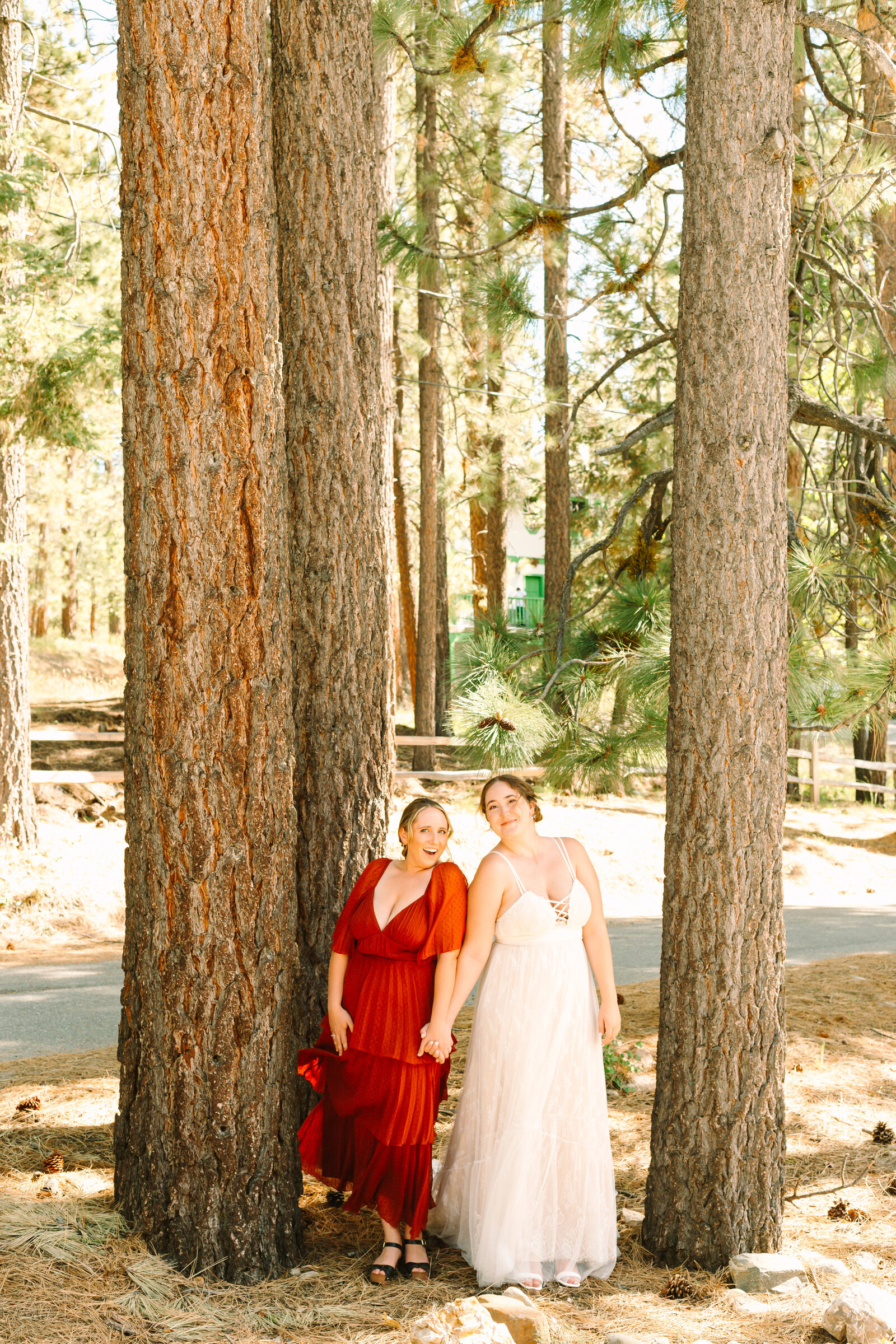 The bridal party celebrates an intimate elopement at a cabin at Big Bear Lake, California.