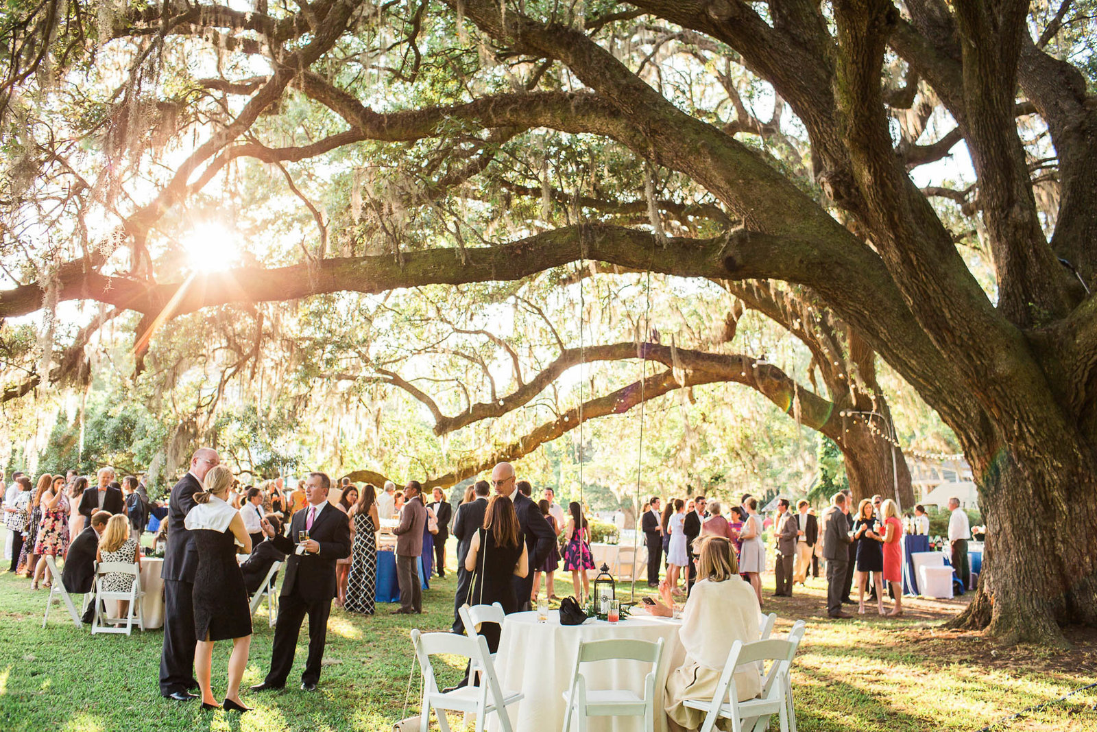 Guests mingle for cocktail hour under an oak tree, Oakland Plantation, Mt Pleasant, South Carolina