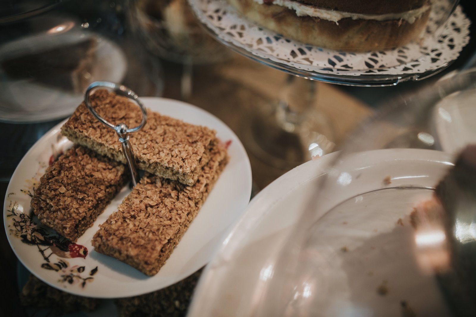 Cakes and flapjacks on the counter at Baldry's Tearoom in Grasmere Village, The Lake District