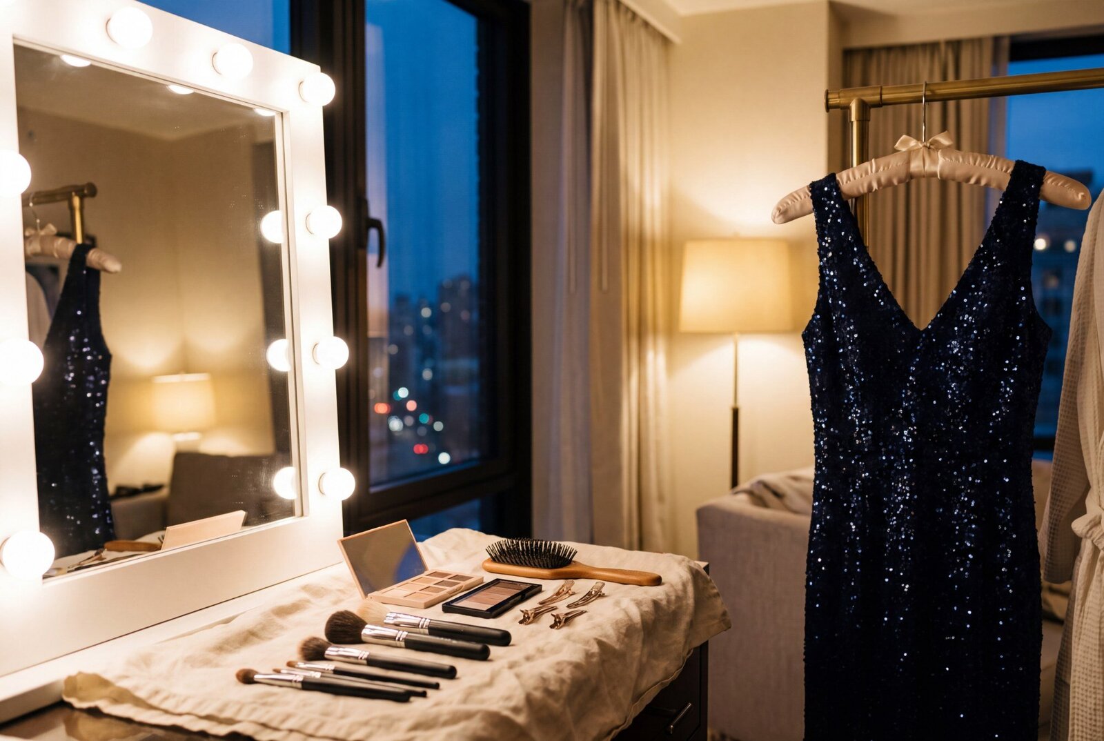 A quiet five-star hotel room at dusk, with a cocktail dress hanging up and makeup brushes laid out by a lit mirror