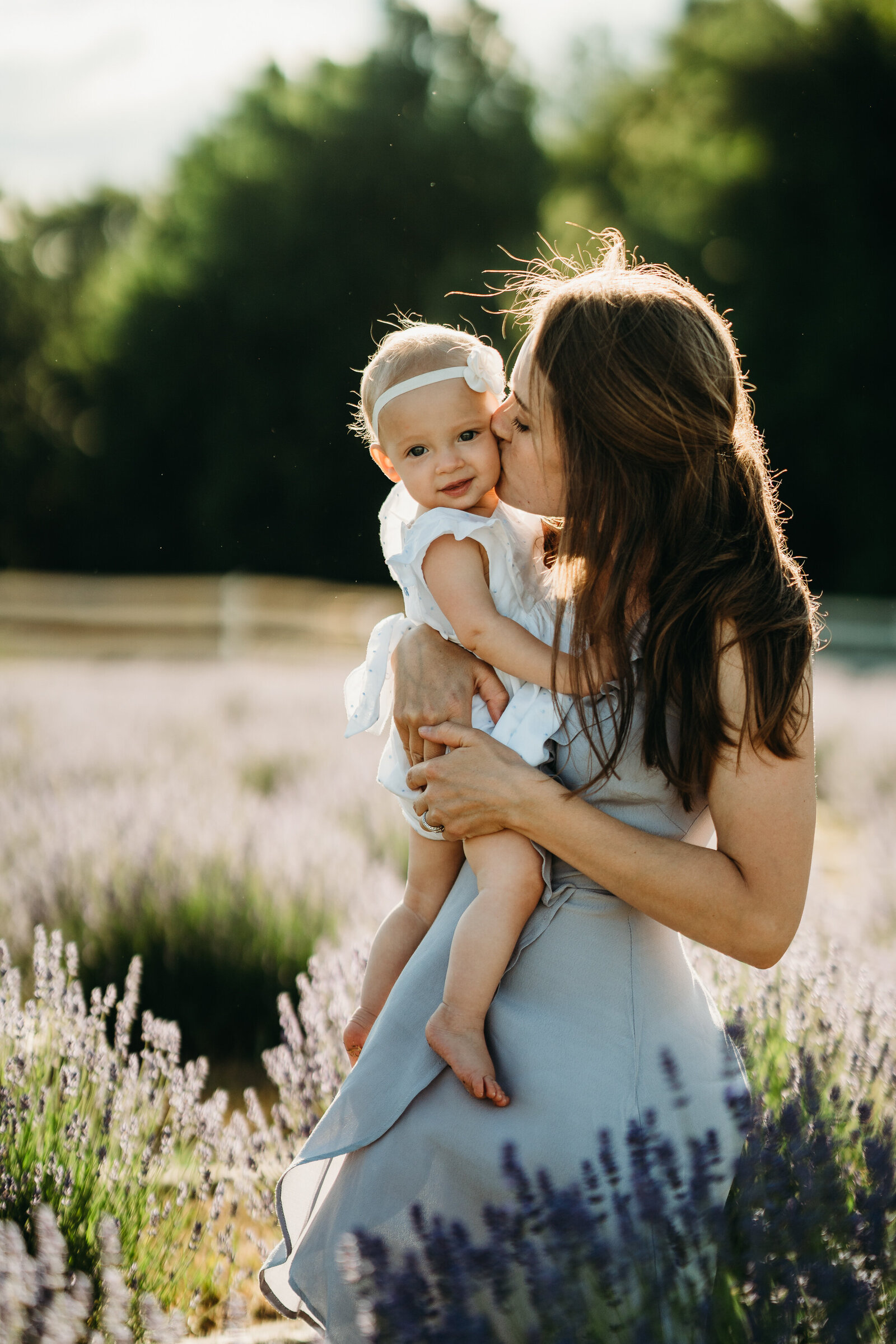 mother kisses infant girl in lavender field photo session