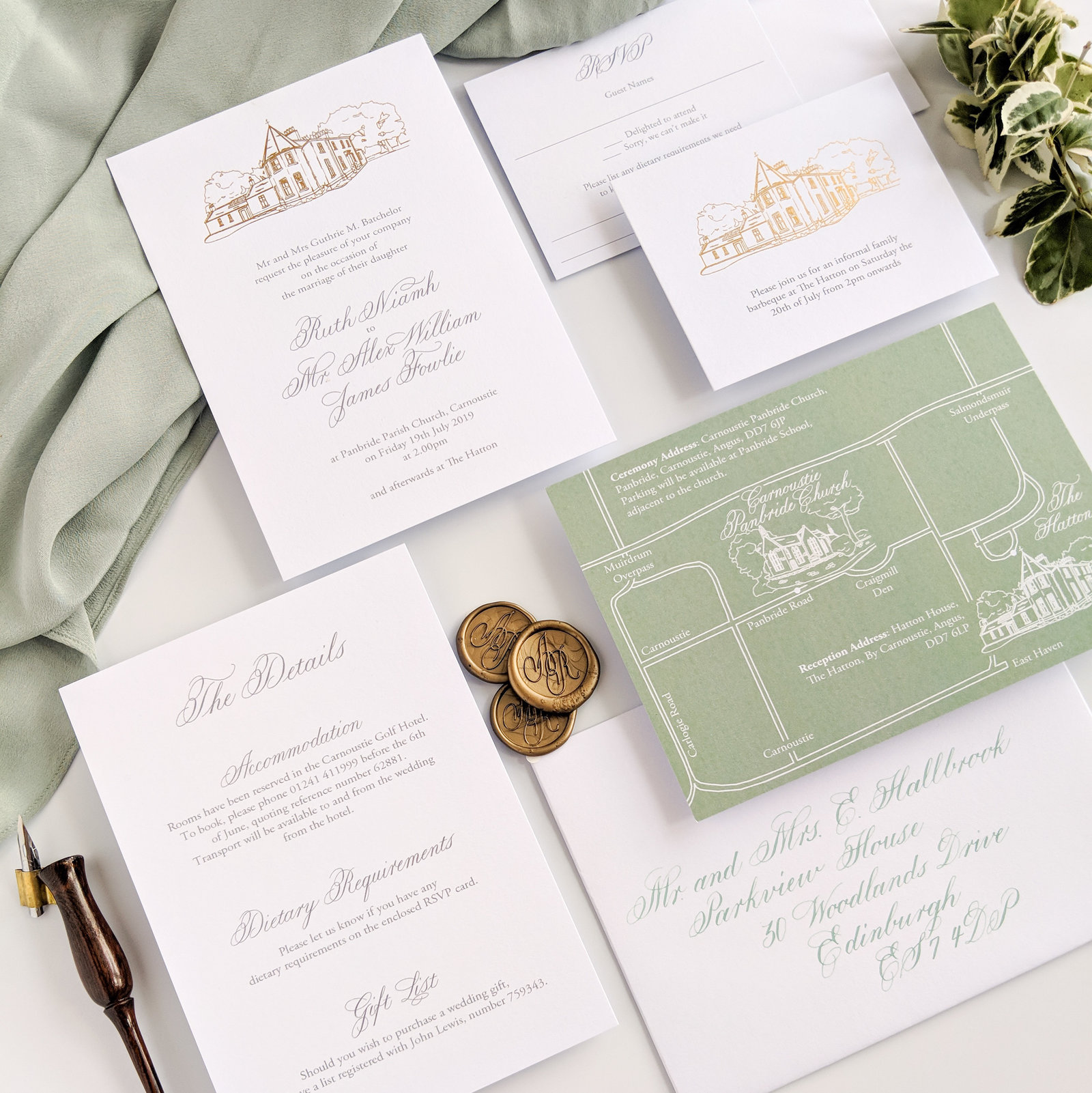 Green and gold wedding invitations for a Scottish wedding