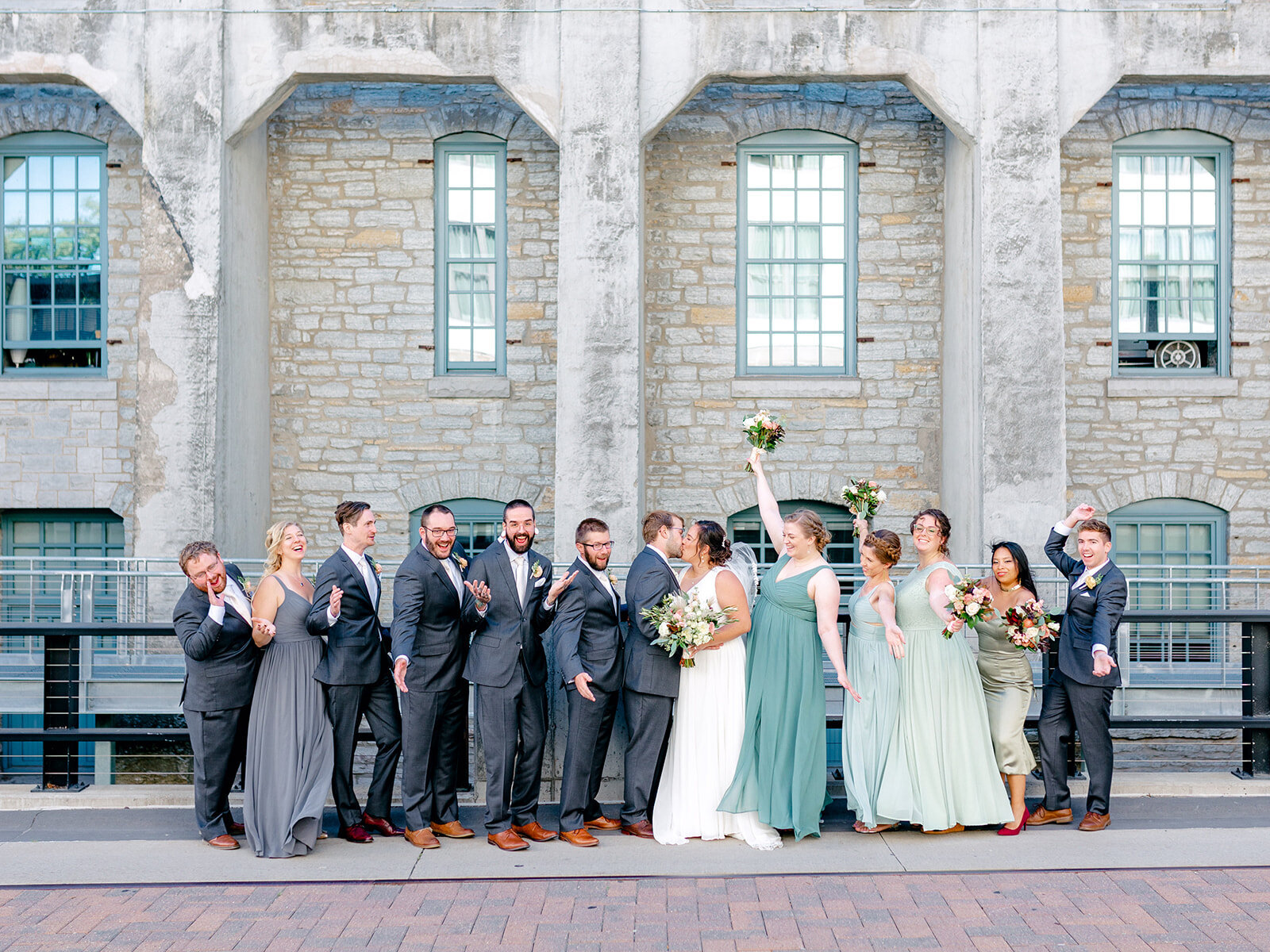 wedding-party-green-dresses-gray-suits