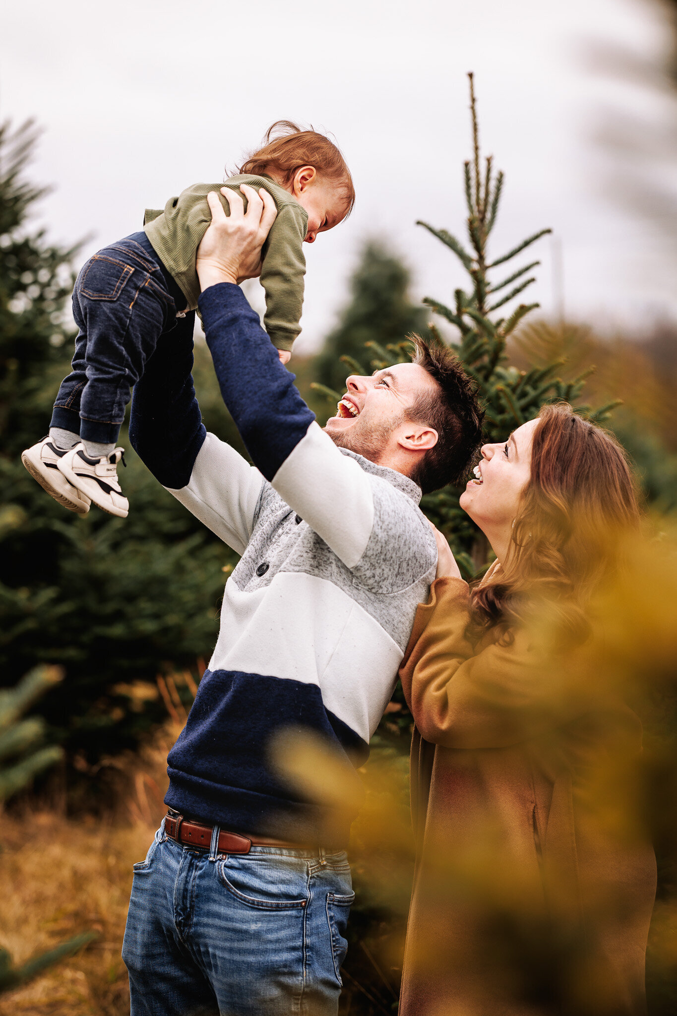 A father airplanes his son with the mother gazing up at him, surrounded by many pine trees