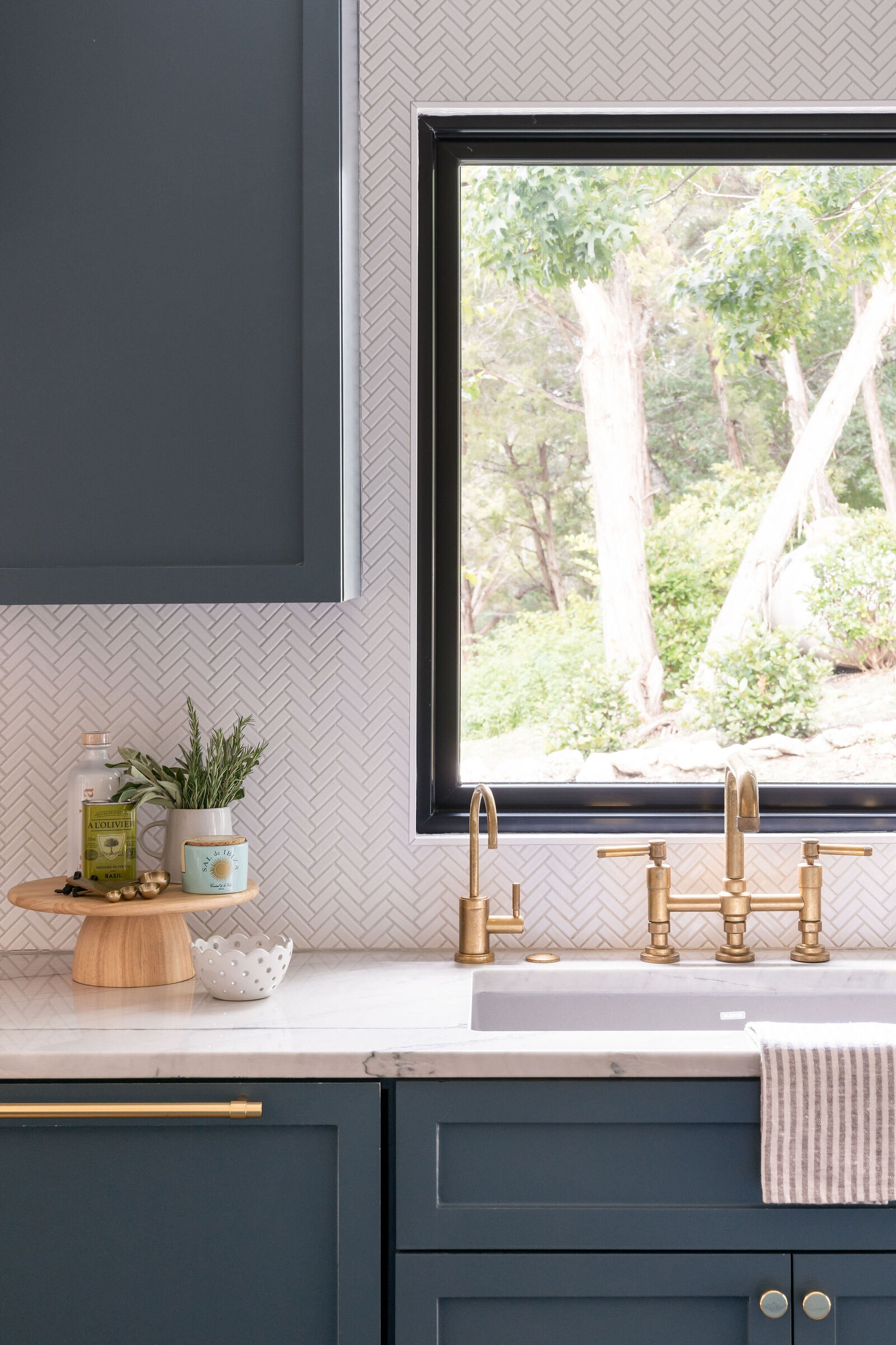 Nuela+Designs+Blue+Kitchen+Design+Herringbone+Backsplash+Gold+Hardware