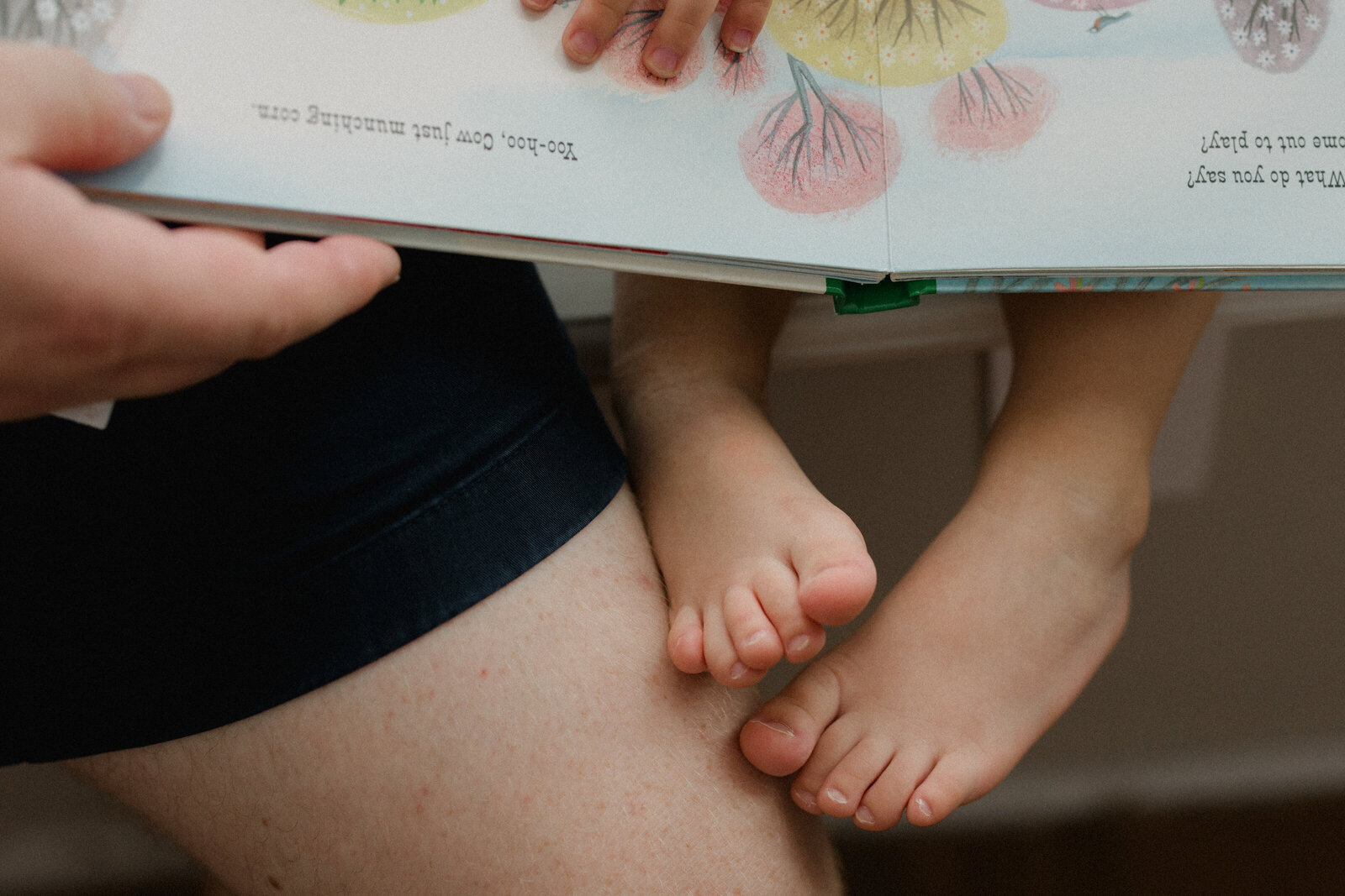 Tiny feet poke out from under a book as a little boy reads with his dad