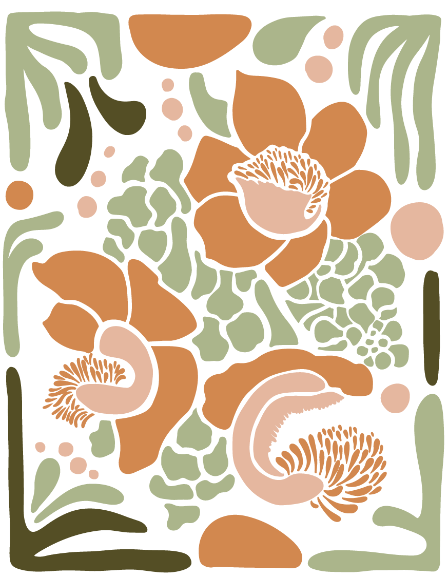 A series of intricate botanical illustrations in soft green, peach, and white tones. These decorative patterns reflect the natural, organic essence of the Herbalista Love brand, highlighting its connection to nature and wellness.