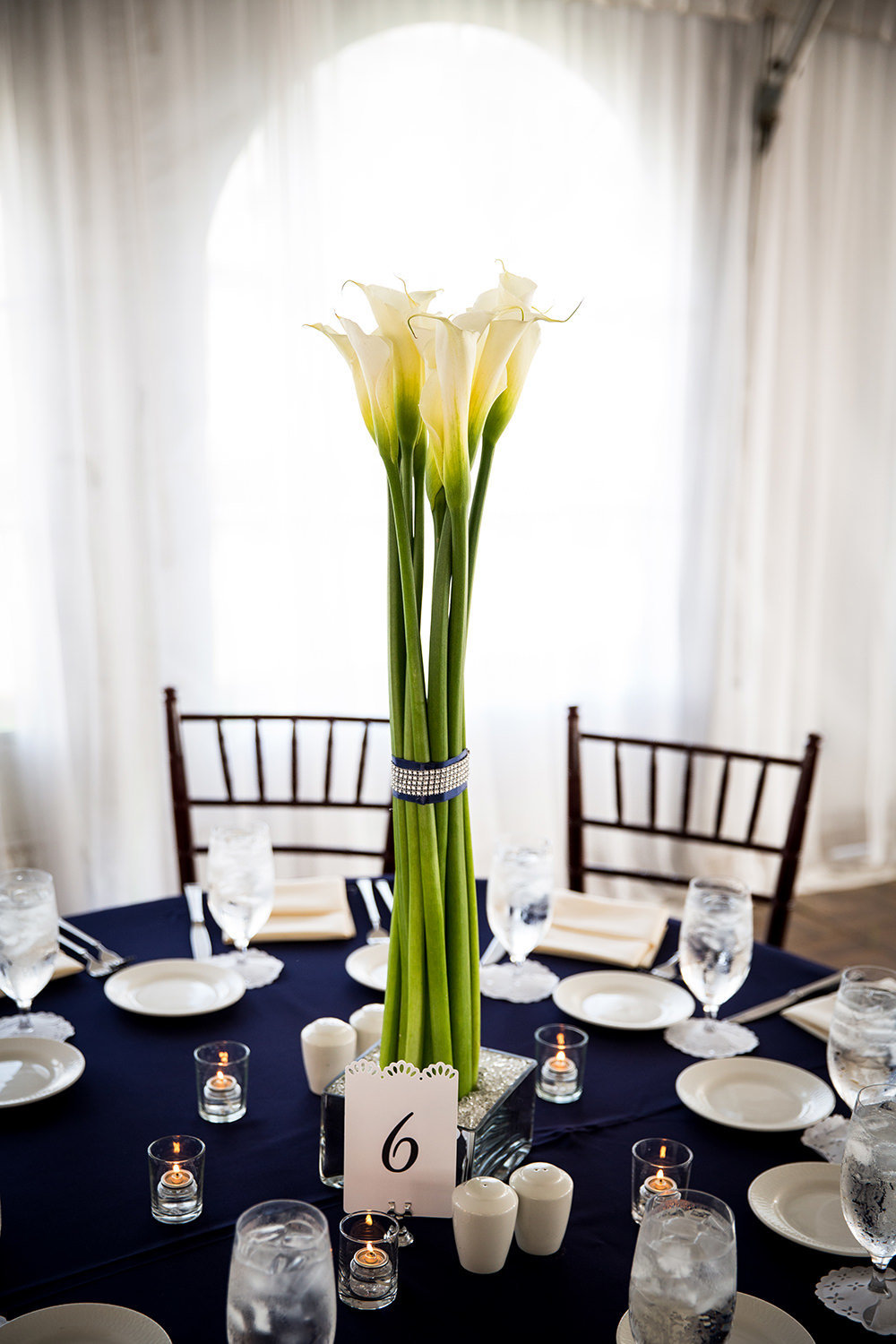 reception table with blue and white details