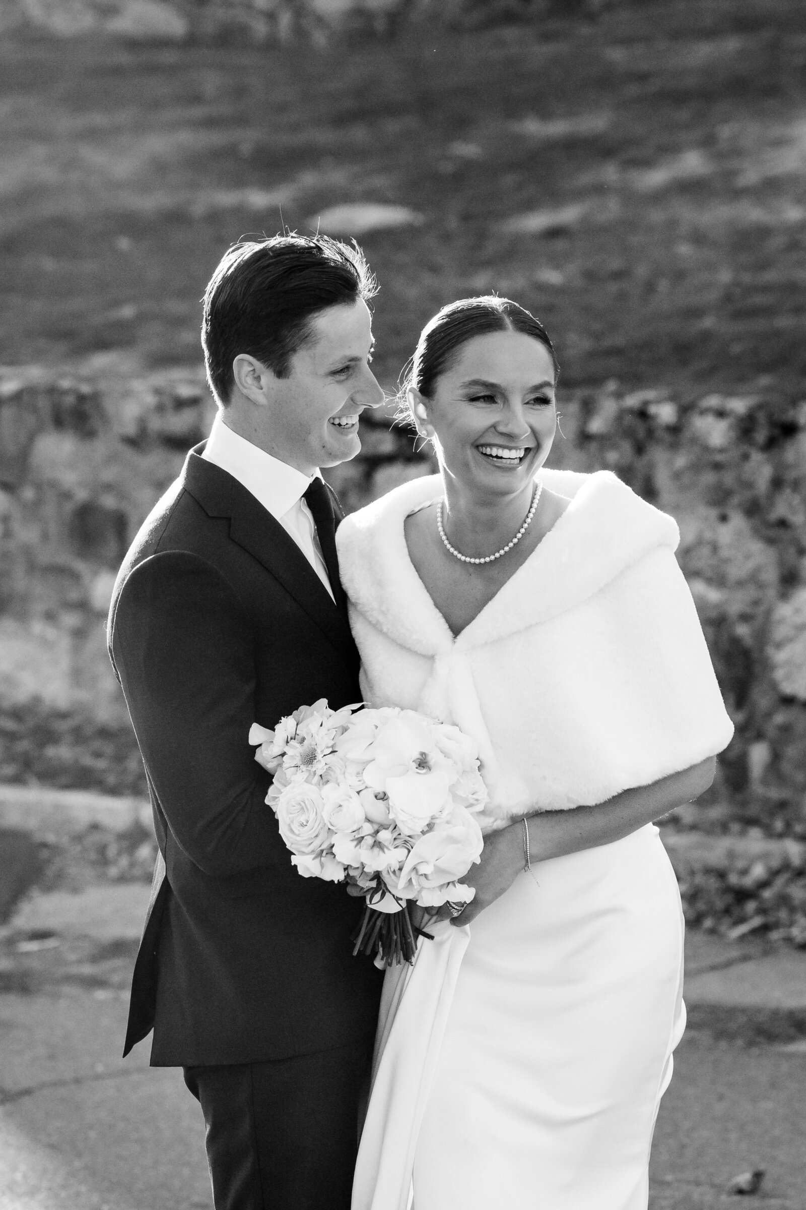 black-and-white-laughing-bride-and-groom