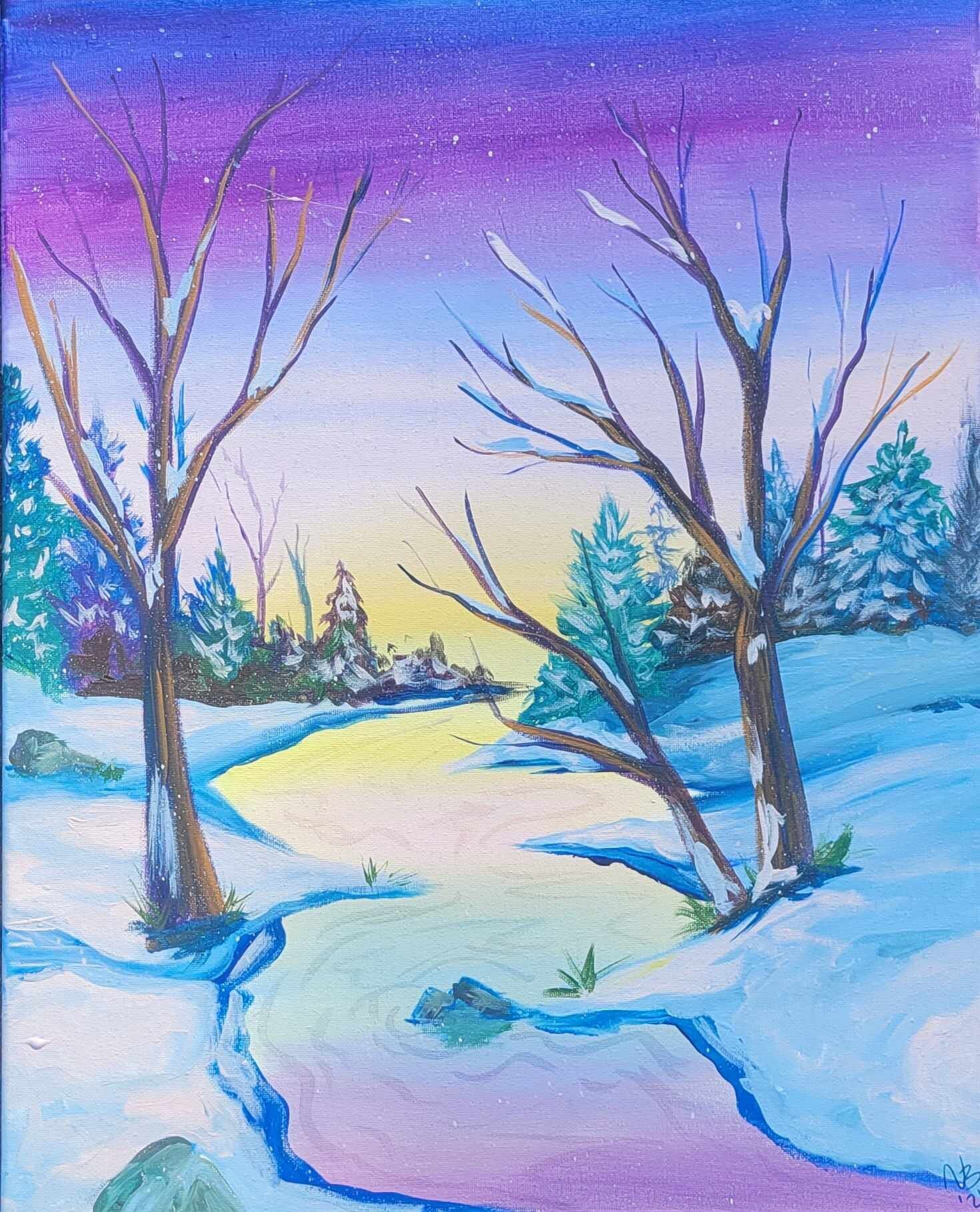 Acrylic Winter Woods with River 