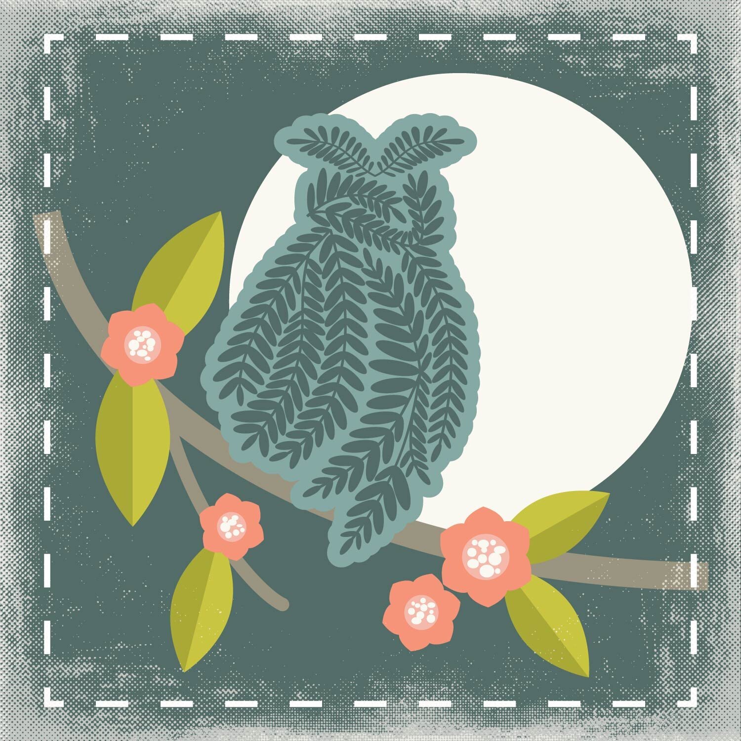 Owl sitting on branch with flowers and moon in background illustration