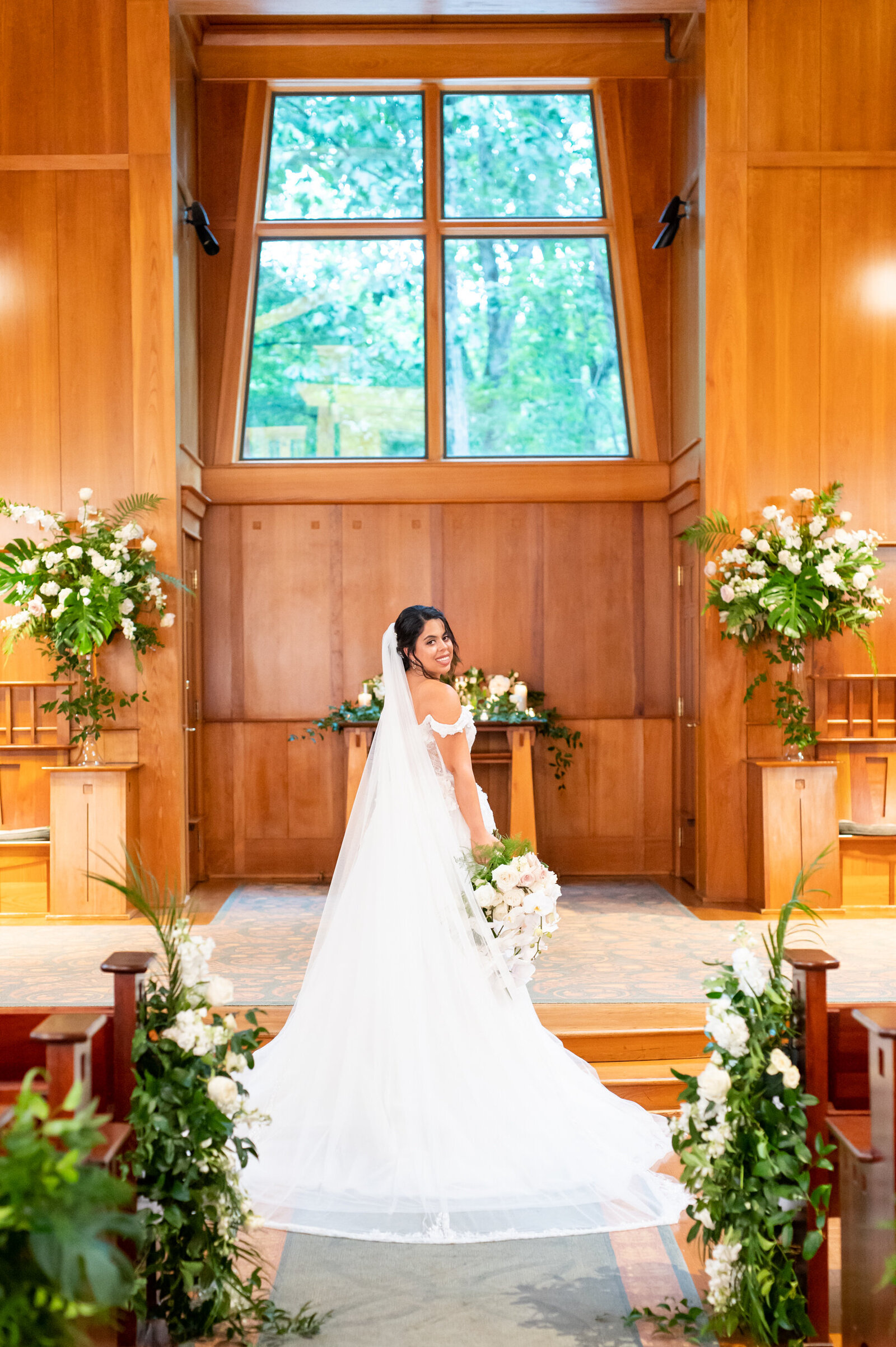 botanic garden wedding church portrait of bride with flowers