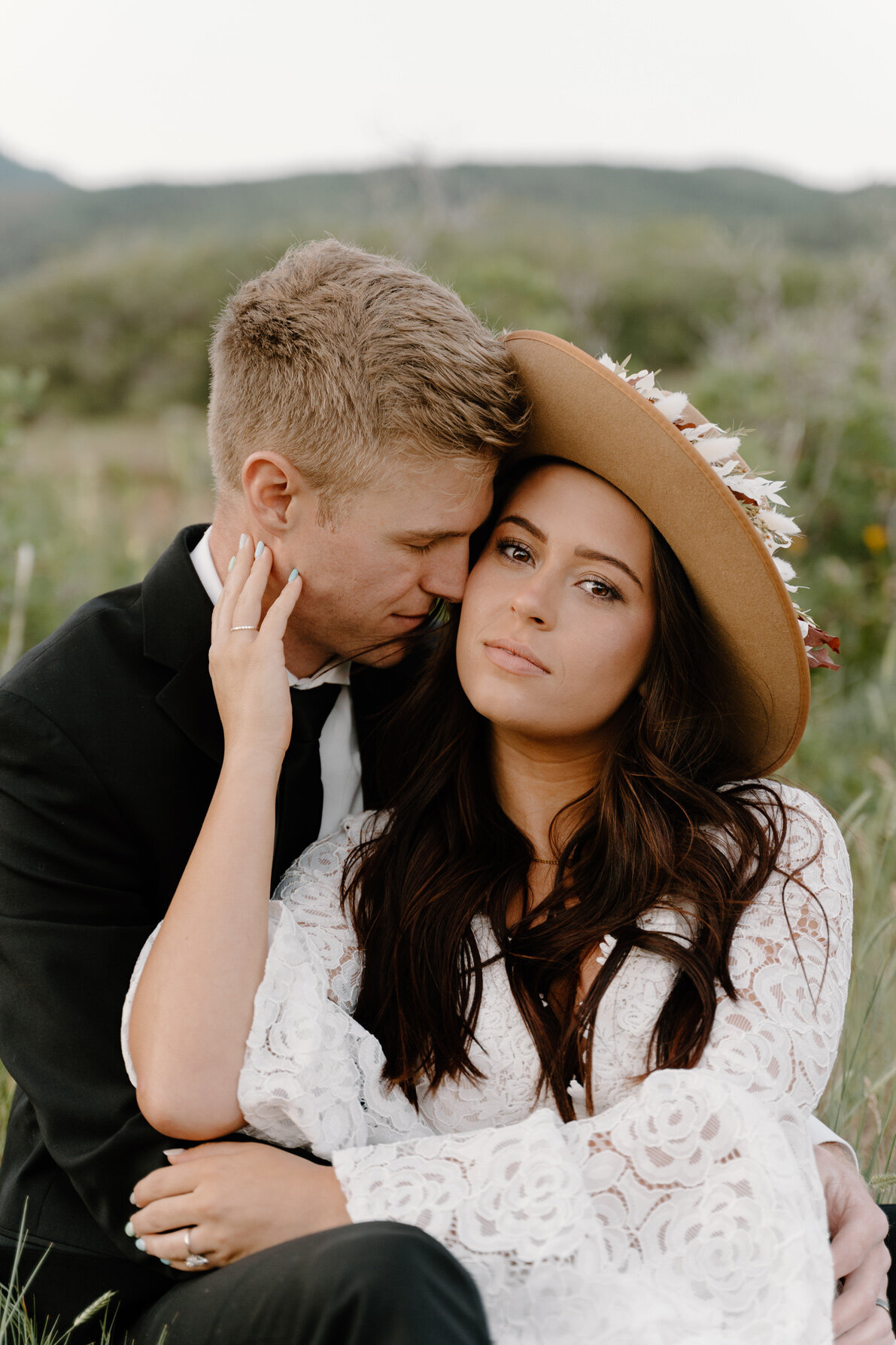 Wedding photo from a sunrise elopement in Provo, Utah featuring a boho wedding style