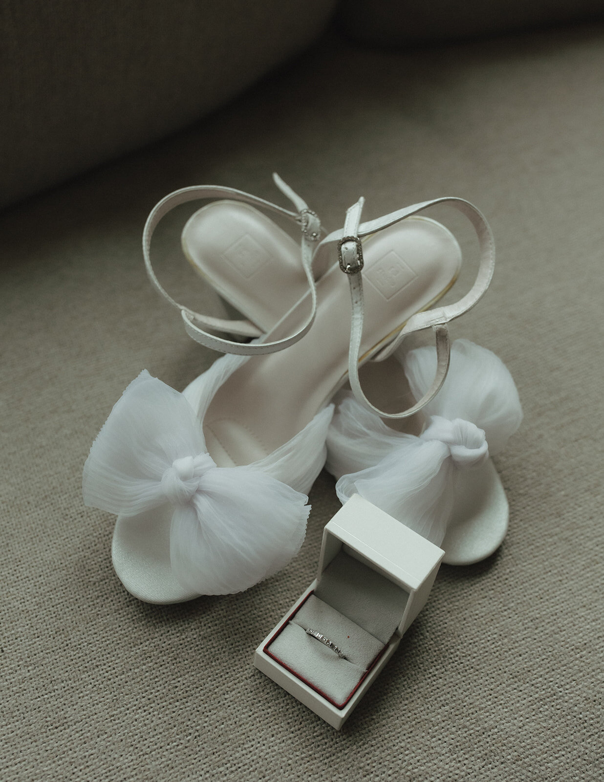 Bride's wedding ring and heels