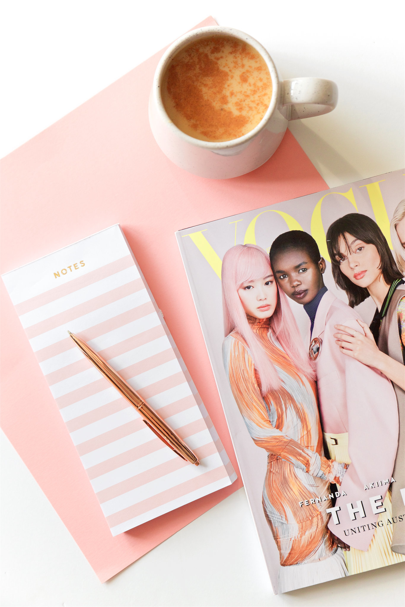 Pink Pinterest Flat Lay Office Notepad with coffee mug and magazine