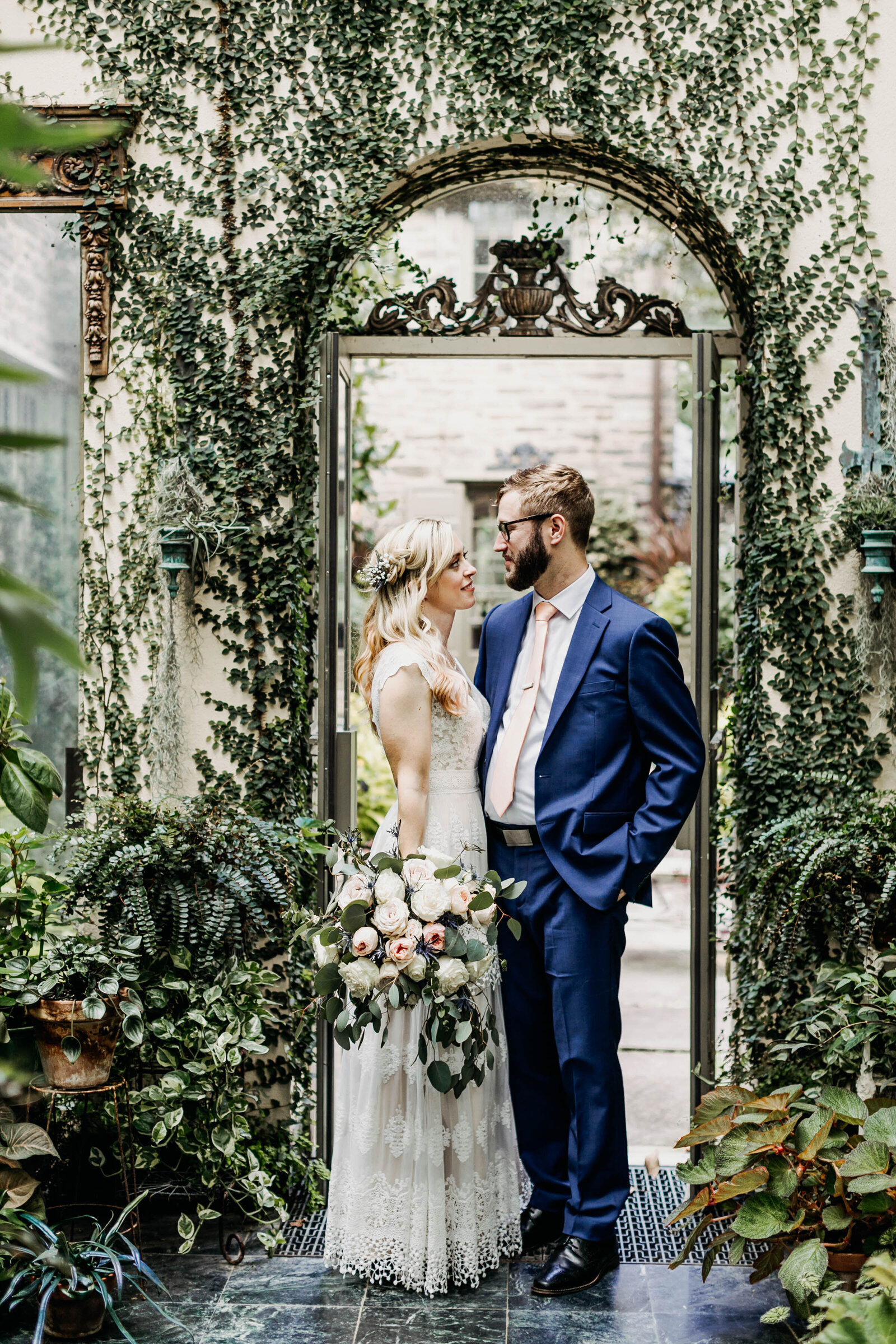 bride and groom greenhouse