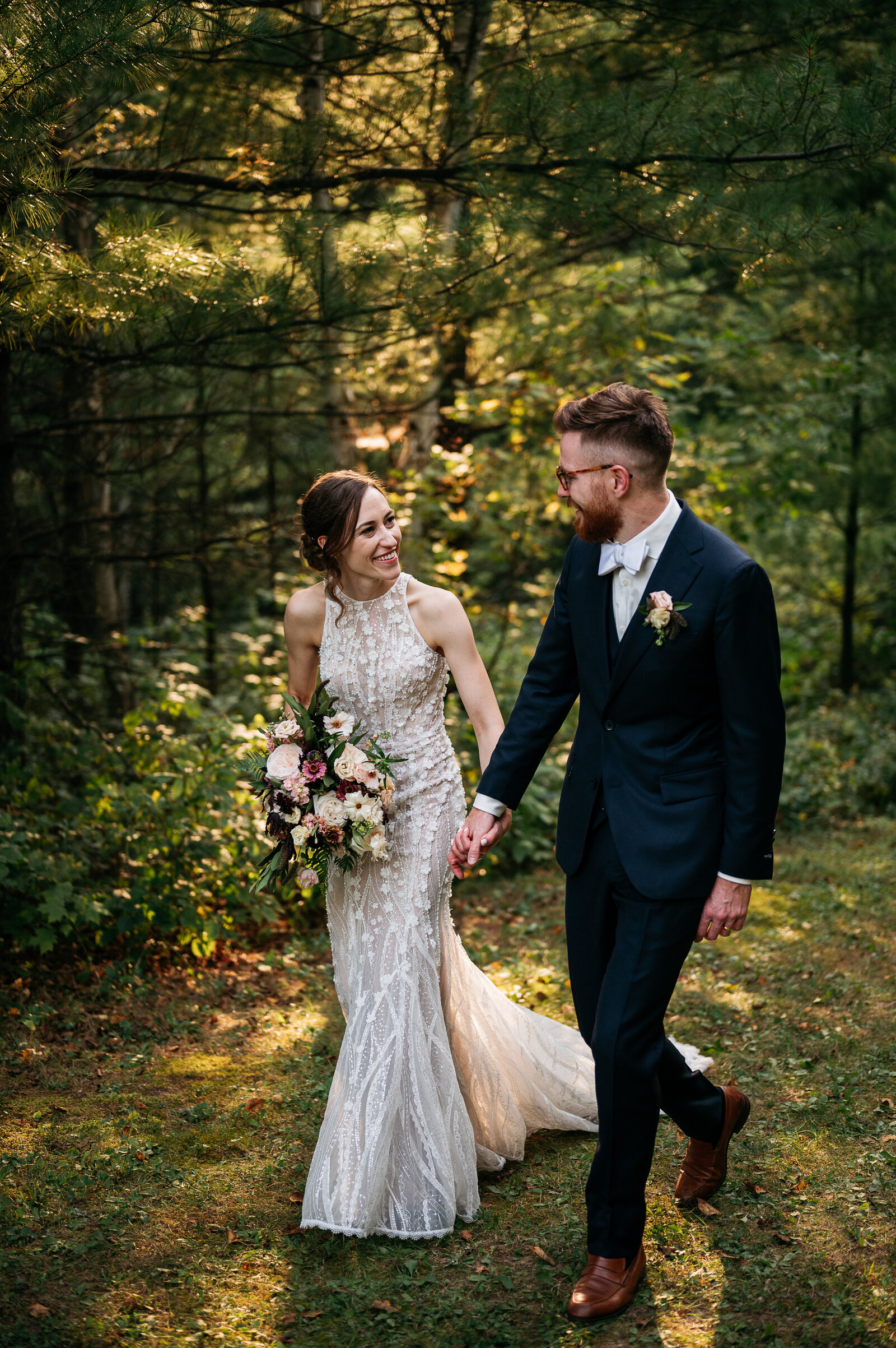 bride-groom-portrait-walking-woods-sunset