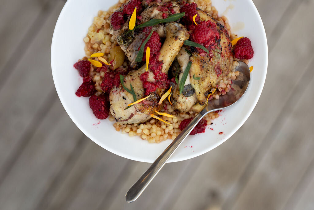couscous with raspberry chicken and flowers