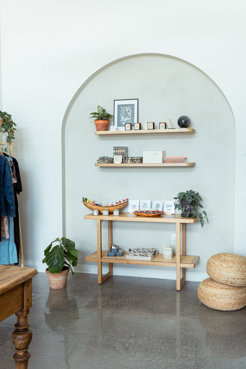 Nuela Designs_Arched Retail Wood Shelf Display with Lime Wash Paint