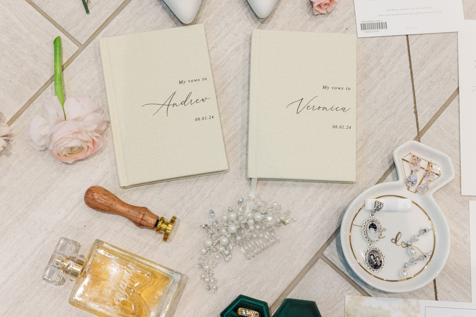 Bride and groom vows books and bridal jewelry
