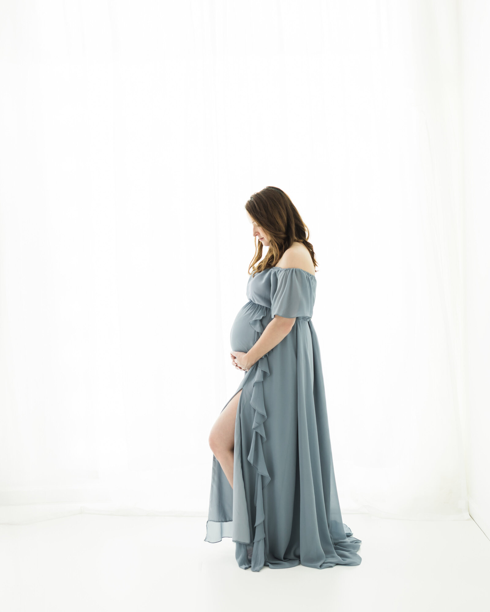 grey maternity dress for photoshoot Momyknows Dark Grey Off Shoulder Cut Out Side Slit Backless Cami Flare Sleeve Chic Going Out Party Maternity Photoshoot Baby Shower Maxi Dress Grey / main image 0