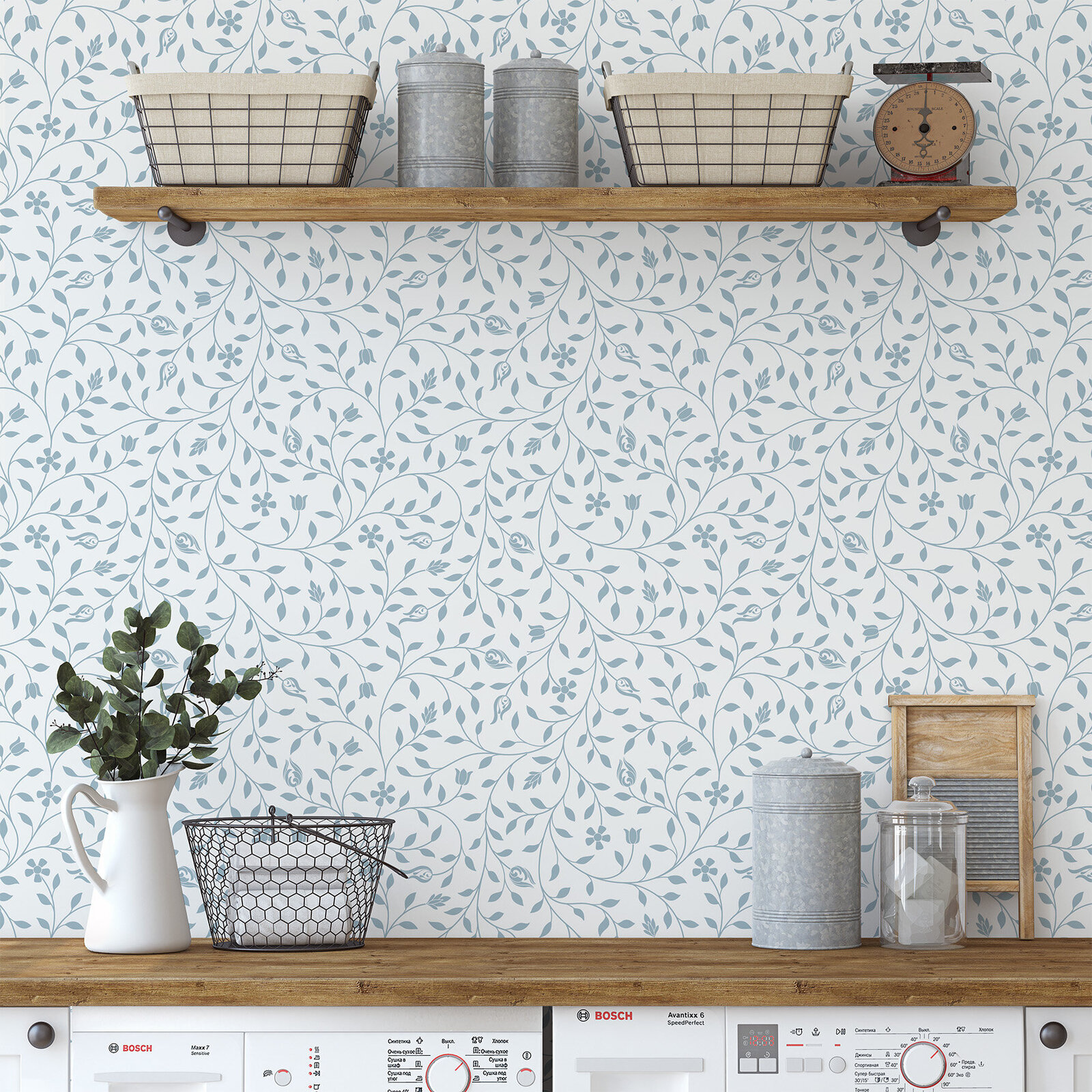 Wallpaper Floral Ditsy Blue White China Wedgewood Wall Green Acre Designs