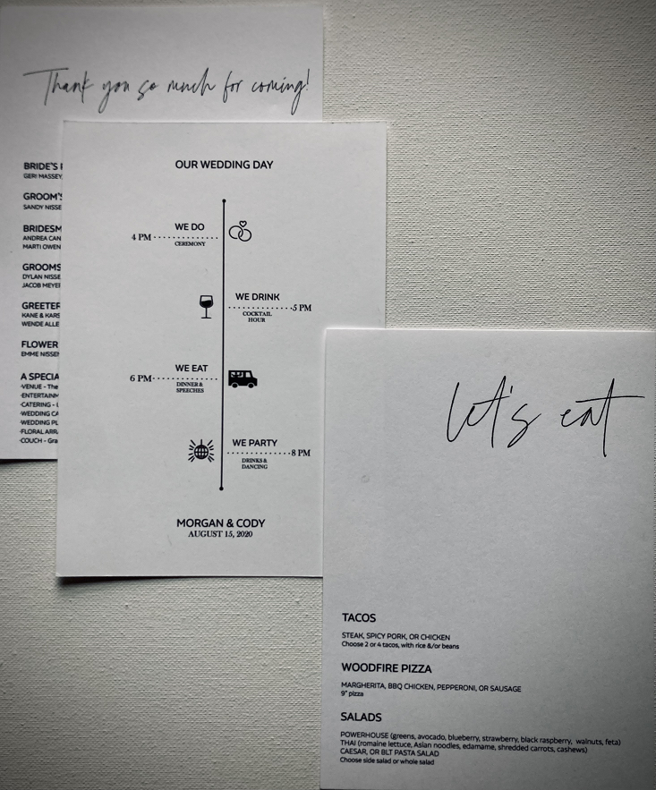 Wedding Accessories Menu Program Timeline simple B & W JLC