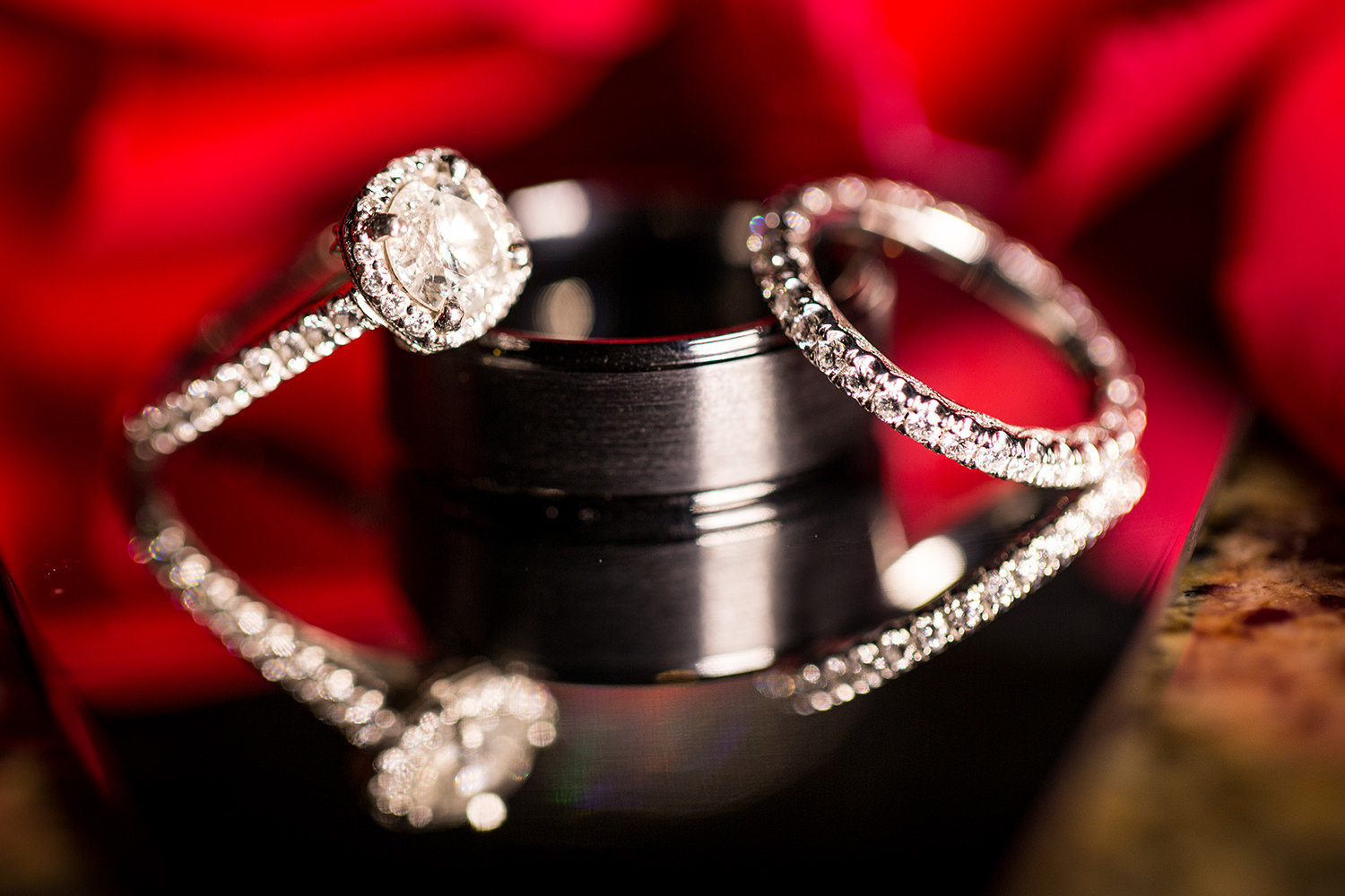closeup of rings with red rose petals