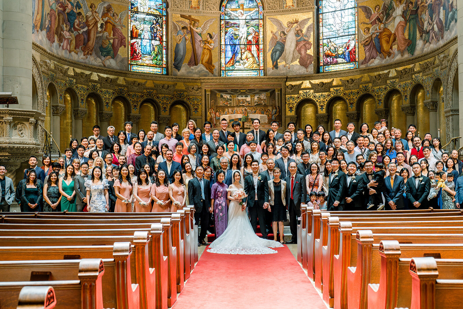 A grand wedding ceremony at Stanford Memorial Church, featuring the stunning architecture and joyous atmosphere of the special day.